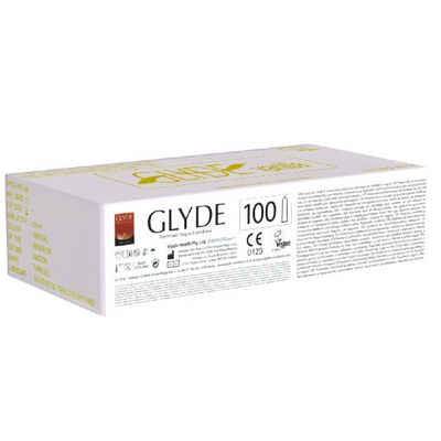 Glyde Kondome Glyde Ultra «Vanilla» gelbe Kondome mit Vanille-Aroma Packung mit, 100 St., Zertifiziert mit der Veganblume, Gefühlsecht & Reißfest