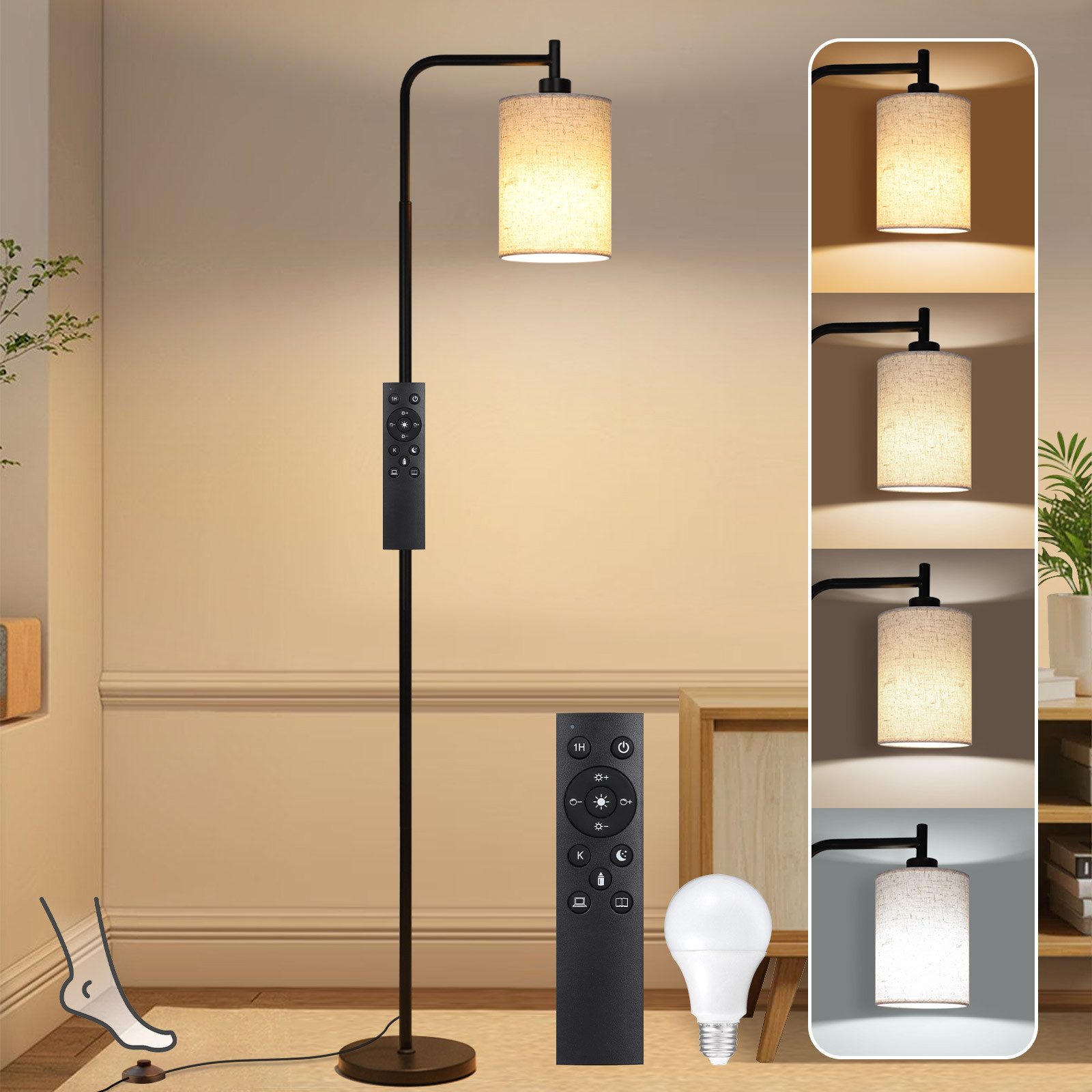 Sunicol Stehlampe Stehlampe Wohnzimmer, Dimmbar, Leinen-Lampenschirm, 4 Farbtemperaturen, LED wechselbar, 12W, E27, Timer, mit Fernbedienung&Fußschalter, für Schlafzimmer