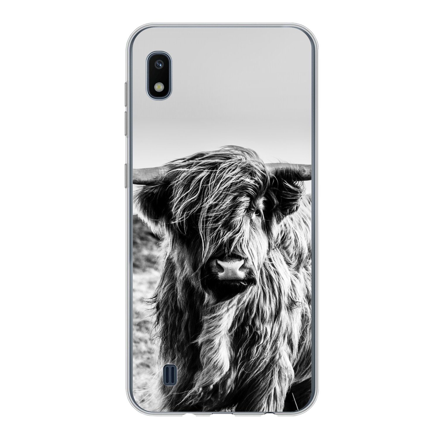 MuchoWow Handyhülle für Samsung Galaxy A10 Kuh - Schottischer Hochländer - Schwarz - Weiß, Smartphone-Bumper, Print, Handy Schutzhülle Dünn