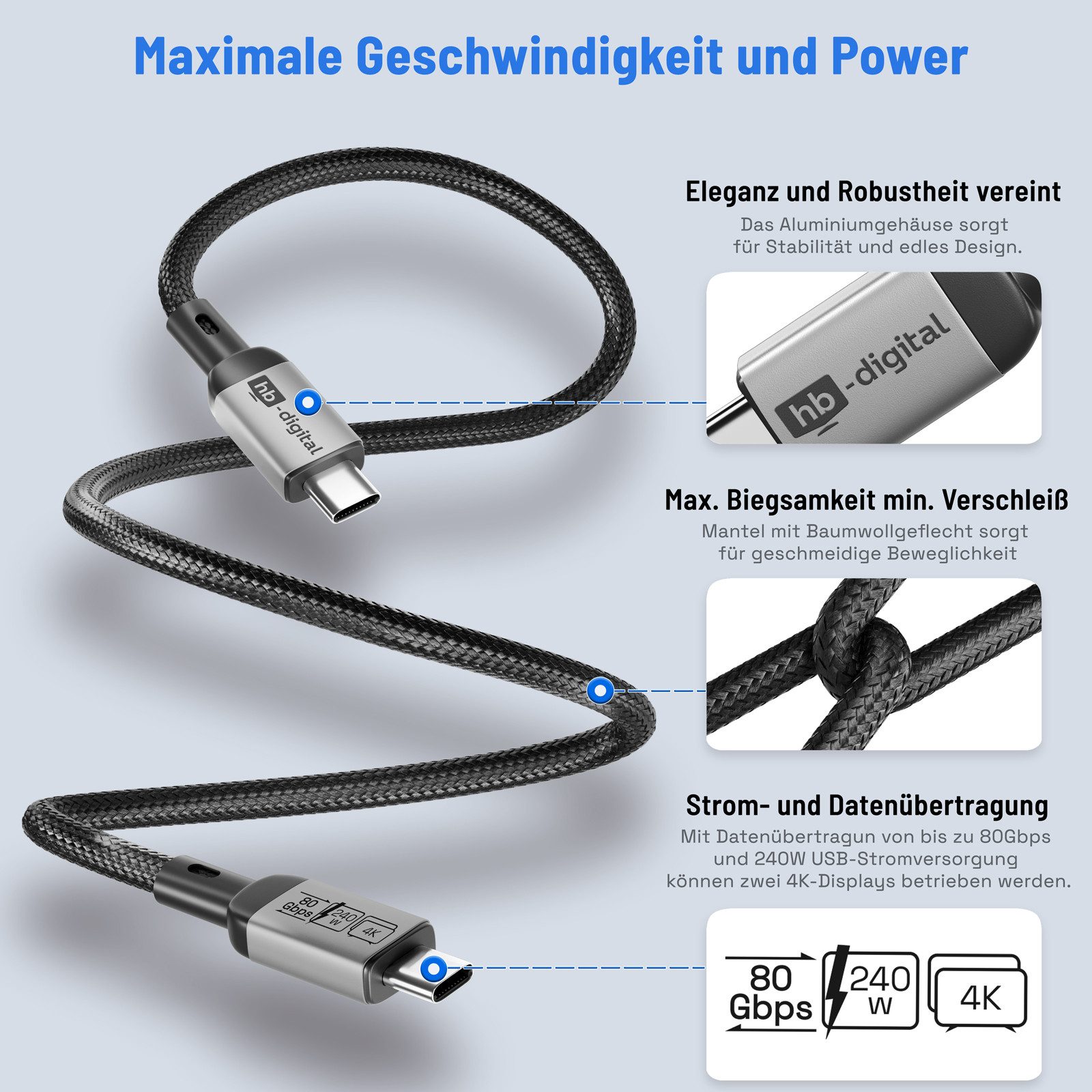 HB-DIGITAL hb-digital USB-C auf USB-C Kabel 240W 80Gbps USB-4 USB-Kabel, Leistungsstarkes Laden mit bis zu 240 W Power Delivery (48 V/5 A)