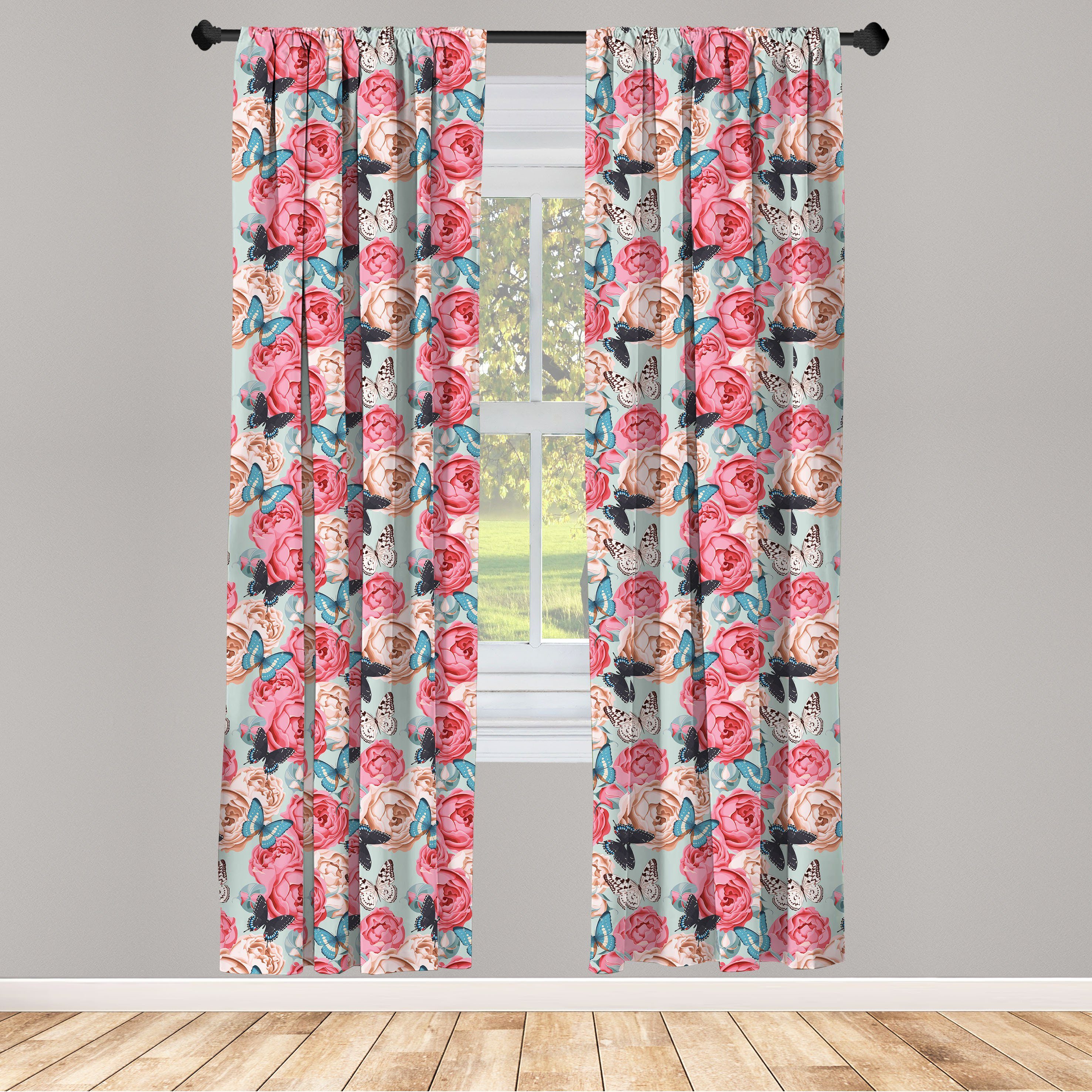 Gardine Vorhang für Wohnzimmer Schlafzimmer Dekor, Abakuhaus, Microfaser, Bunt Peony Rose Schmetterlinge