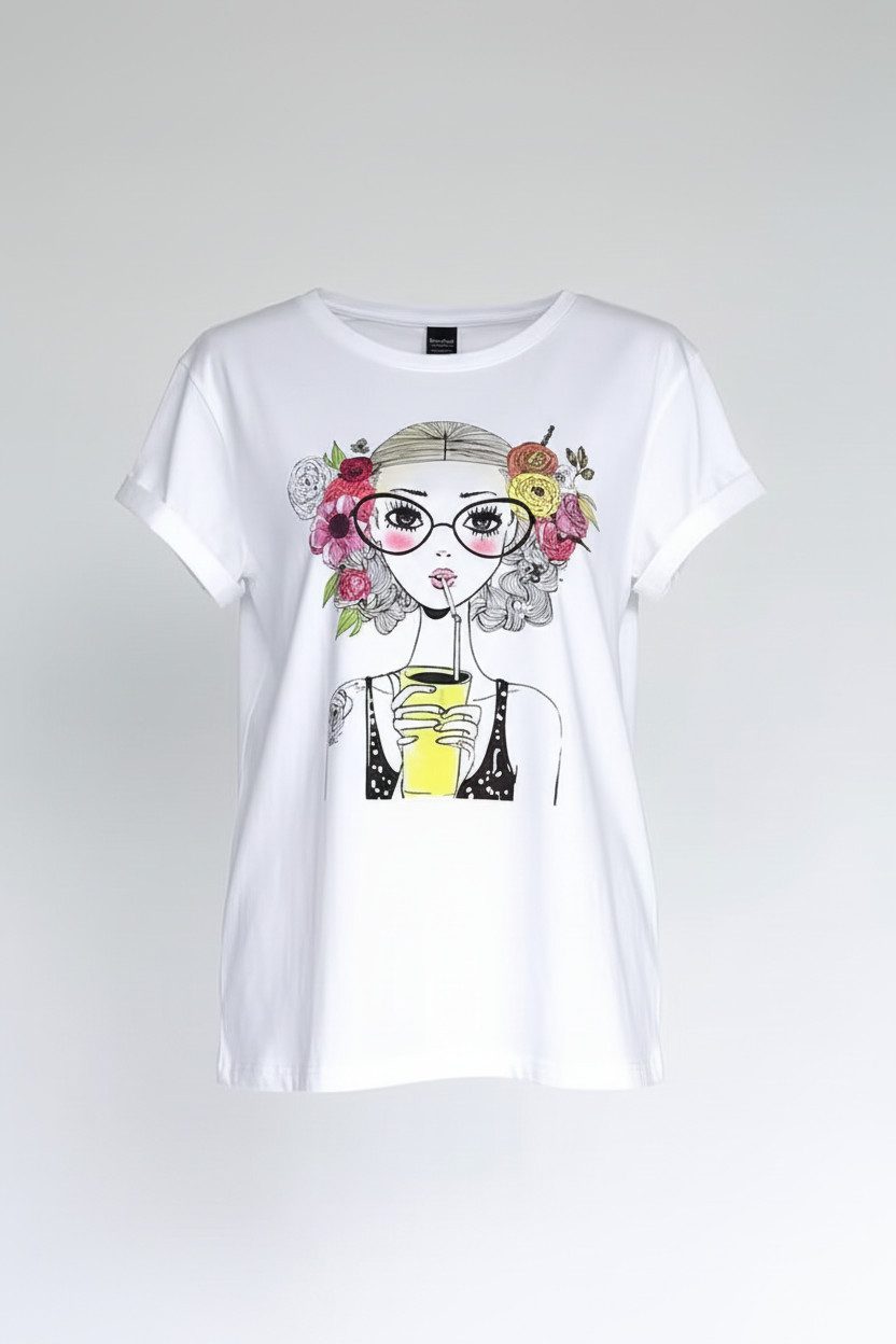 Zuckerwatte Print-Shirt Rundhalsshirt mit Boho Frontdruck aus 100% Baumwolle