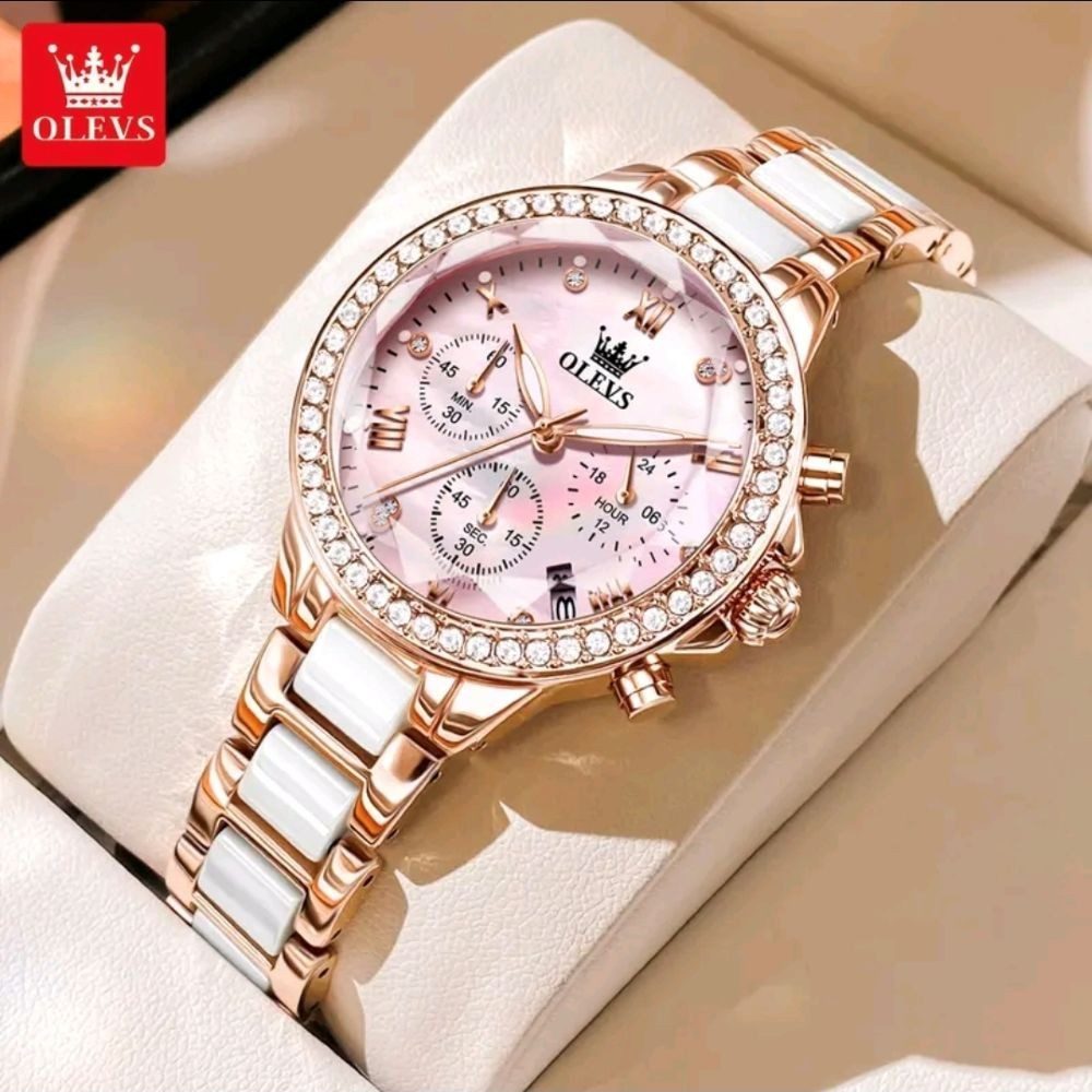 OLEVS Quarzuhr Geschenkset Damenuhr Keramik Roségold Rosa Luxus Chronograph 3tlg 9999 – Bild 3 von 5