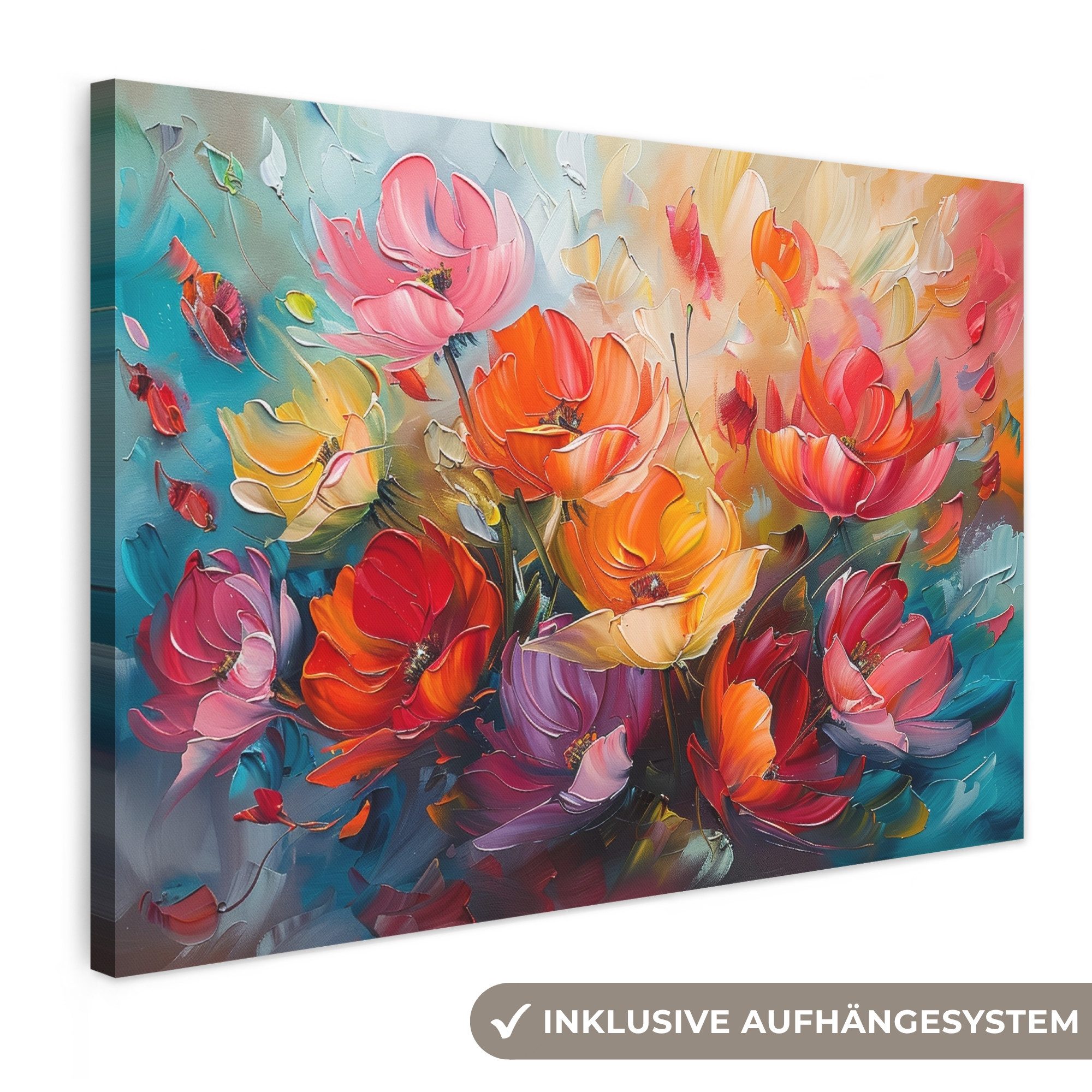 OneMillionCanvasses® Leinwandbild Blumen - Bunt - Malerei - Abstrakt - Kunst, Fotodruck (1 St), Wandbild XXL für Wohnzimmer Küche 120x80 cm