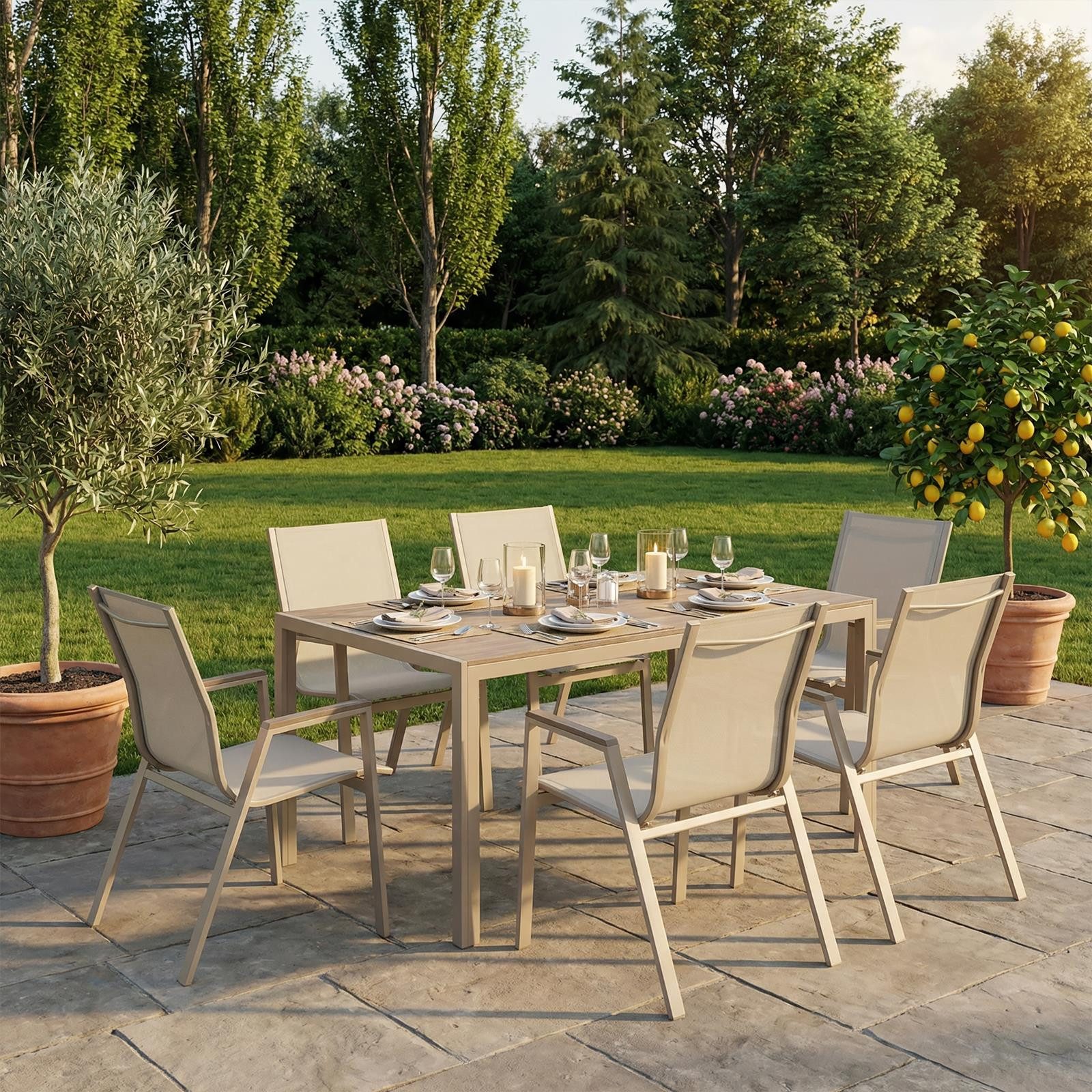 IDIMEX Garten-Essgruppe MONDELLO, (7-tlg), Outdoor Essgruppe mit 6 Stühlen und WPC-Tischplatte Champagner