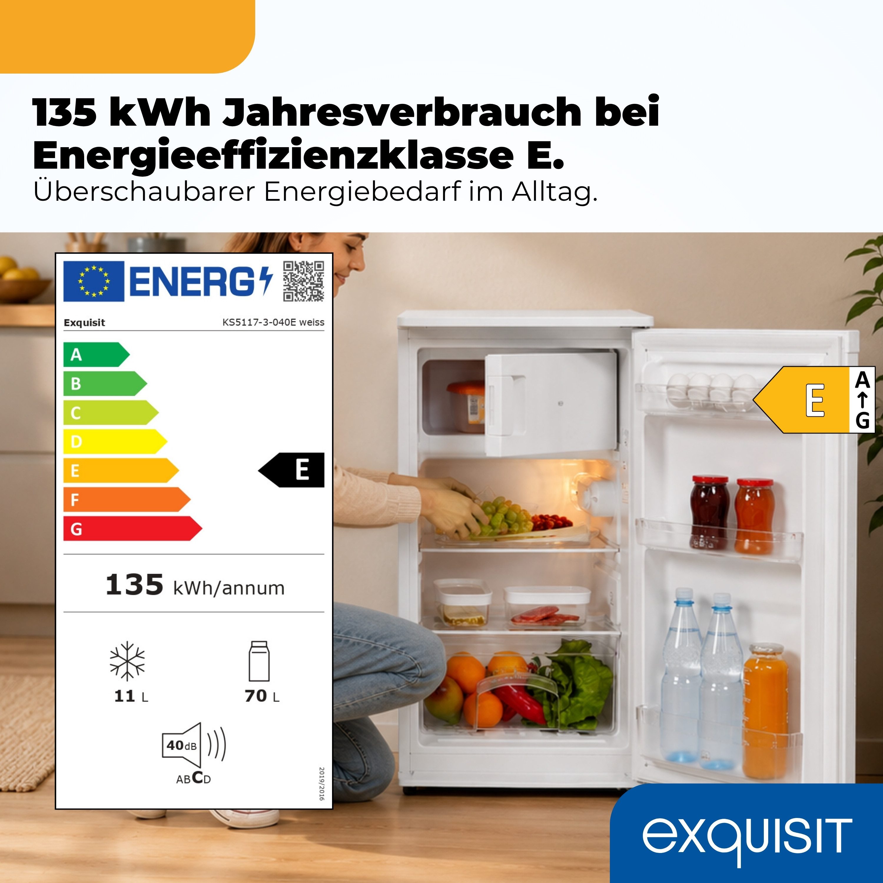 exquisit Kühlschrank KS5117-3-040E, 85 cm hoch, 48 cm breit, LED, Türanschlag wechselbar, Gemüsefach, Temperaturregelung