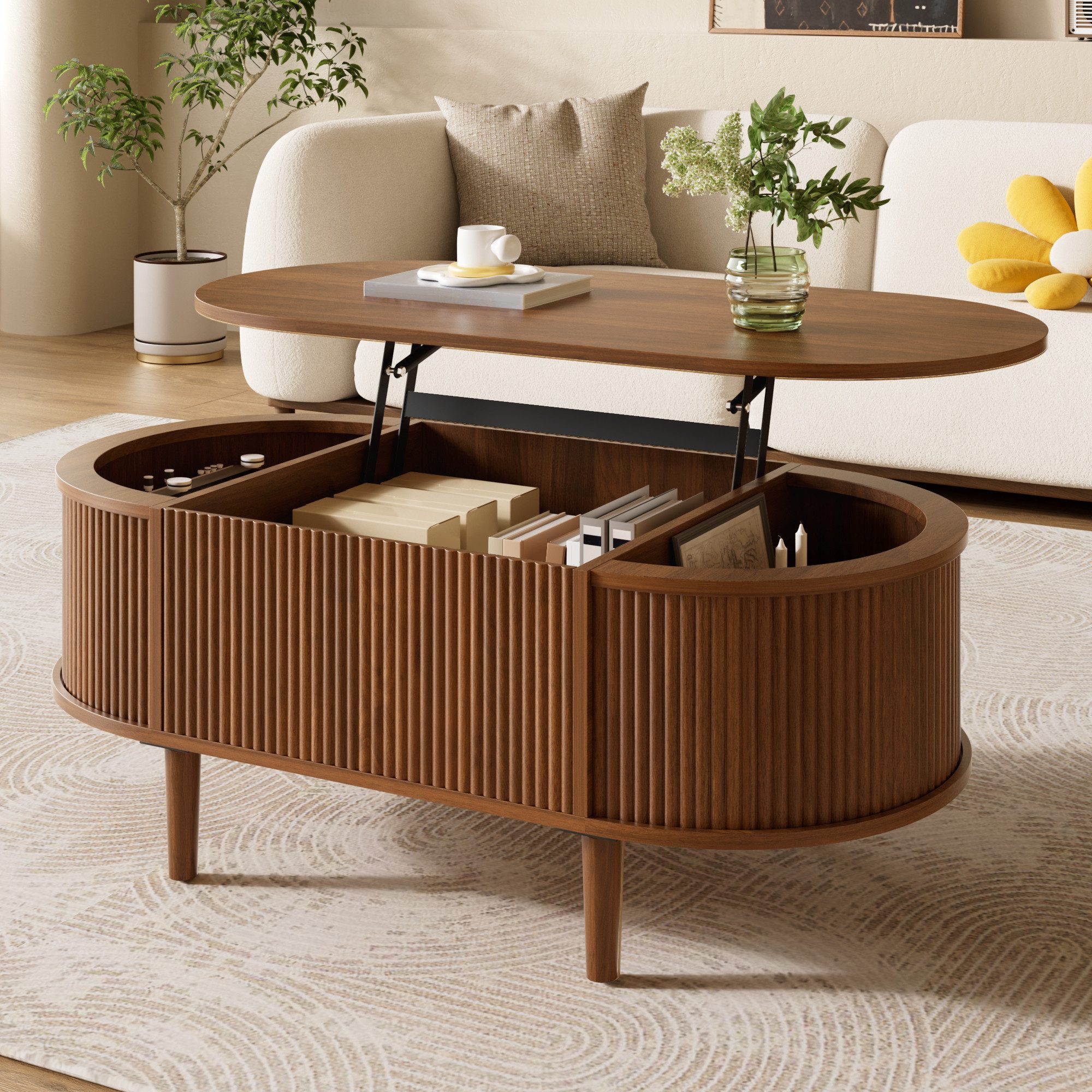 Merax Couchtisch anhebbarer Sofatisch oval Beistelltisch mit Liftfunktion & Holzoptik (100 x 48 x 54,5 cm, 1-St), Wohnzimmertisch mit verstecktem Stauraum, 3 Ab – Bild 4 von 5