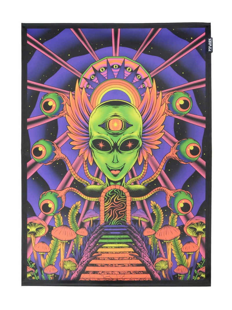 PSYWORK Poster PSYWORK Schwarzlicht Stoffposter Neon "Alien Godness", 50x70cm, UV-aktiv, leuchtet unter Schwarzlicht