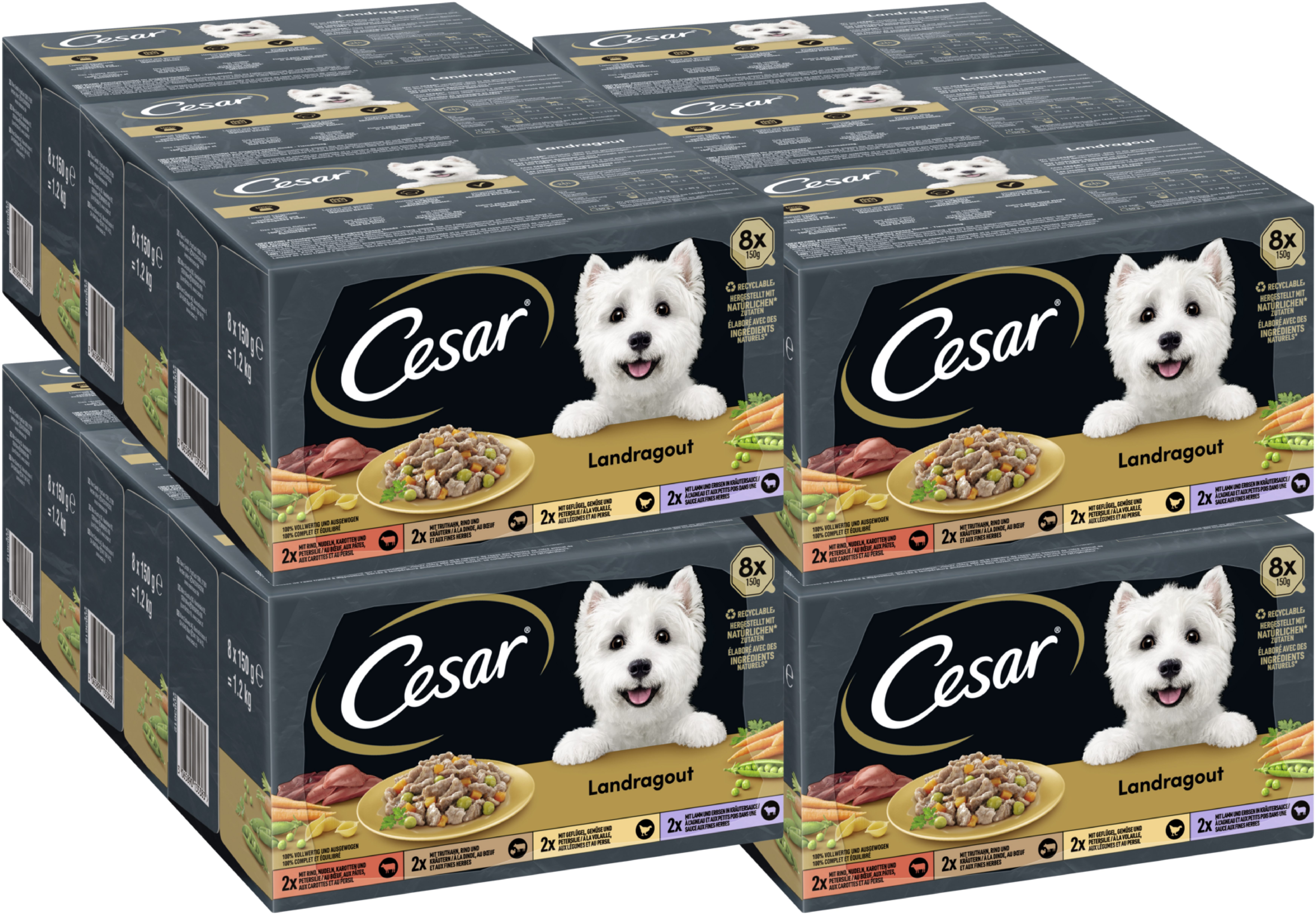 Cesar CESAR® Schale Multipack Landragout 4 Varietäten 12 x 8 x 150g, Nassfutter für: Hunde