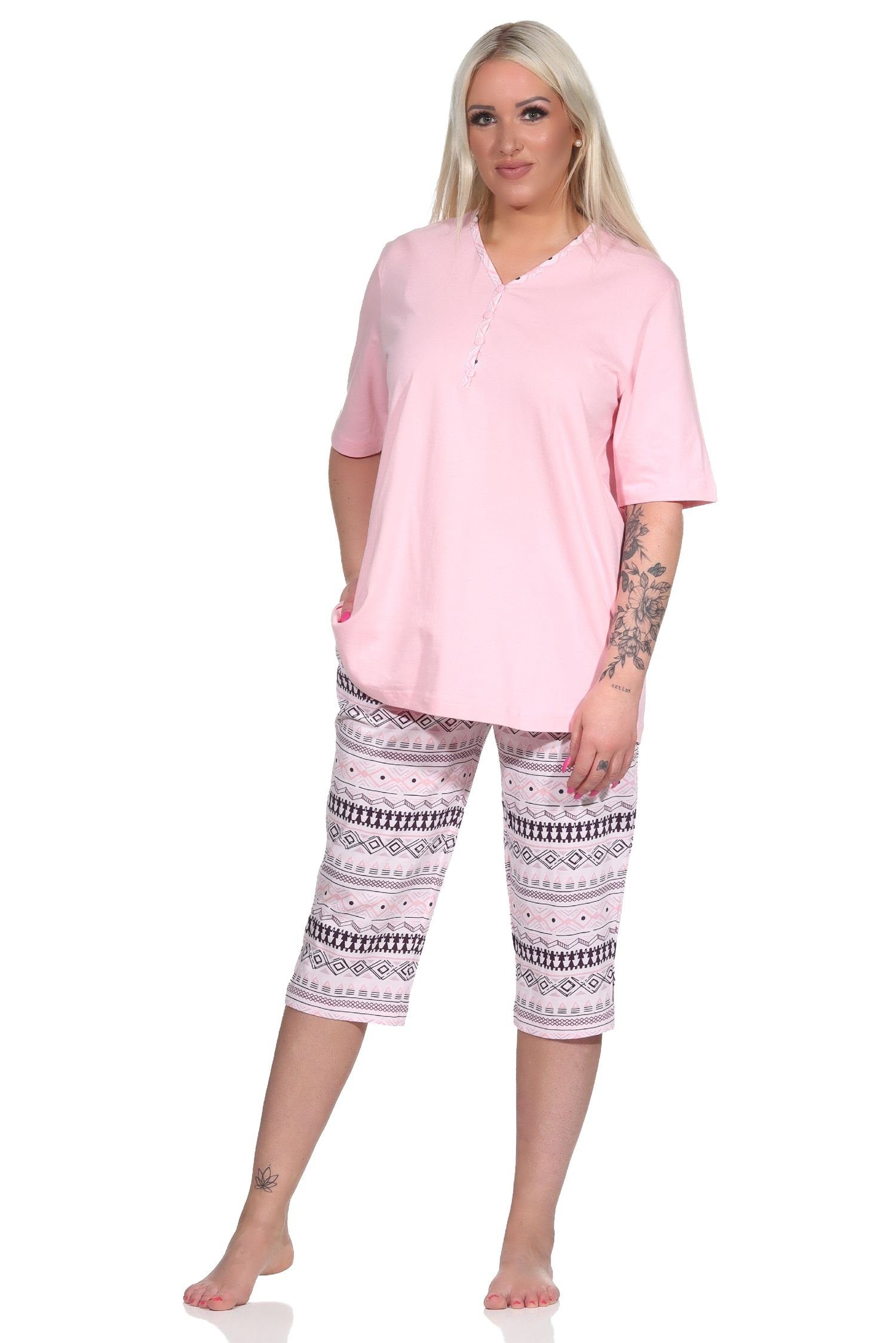 Normann Pyjama Damen kurzarm Schlafanzug mit Caprihose im Ethnolook rosa