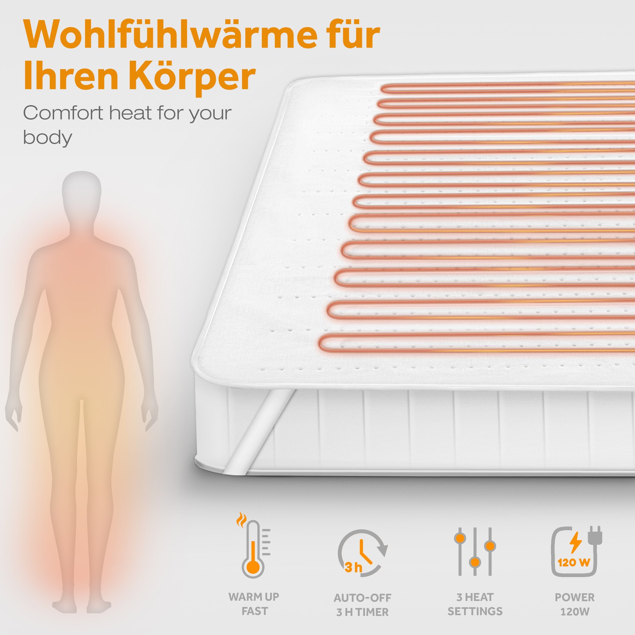 sinnlein Elektrofußwärmer Wärmeunterbett elektrisch Heizdecke Abschaltautomatik, 2 Temperaturzonen, 3 Temperaturstufen