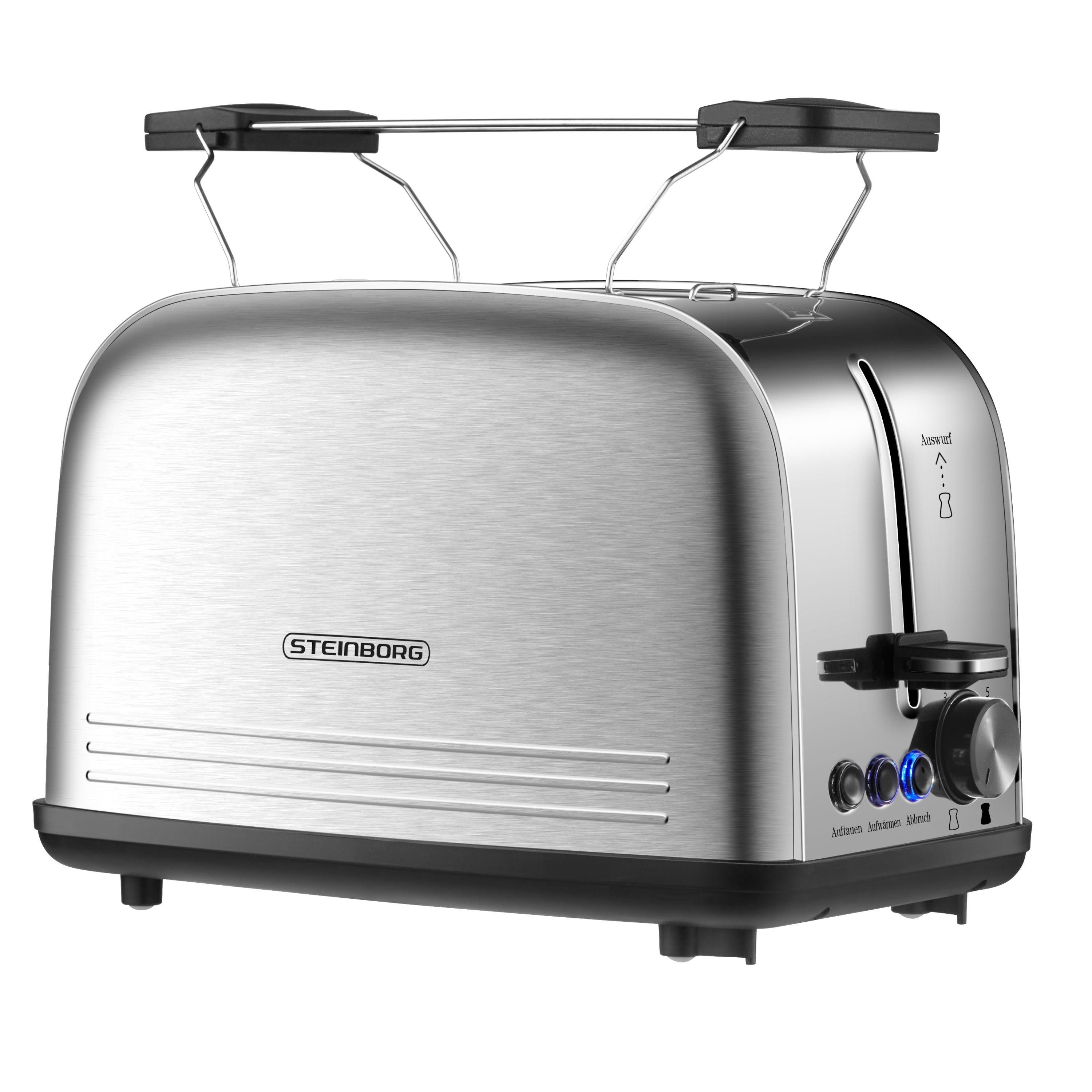 STEINBORG Тостери SB-2071, 2 kurze Schlitze, für 2 Scheiben, 850 W, Edelstahl Gehäuse,Brötchenaufsatz,Krümelschublade