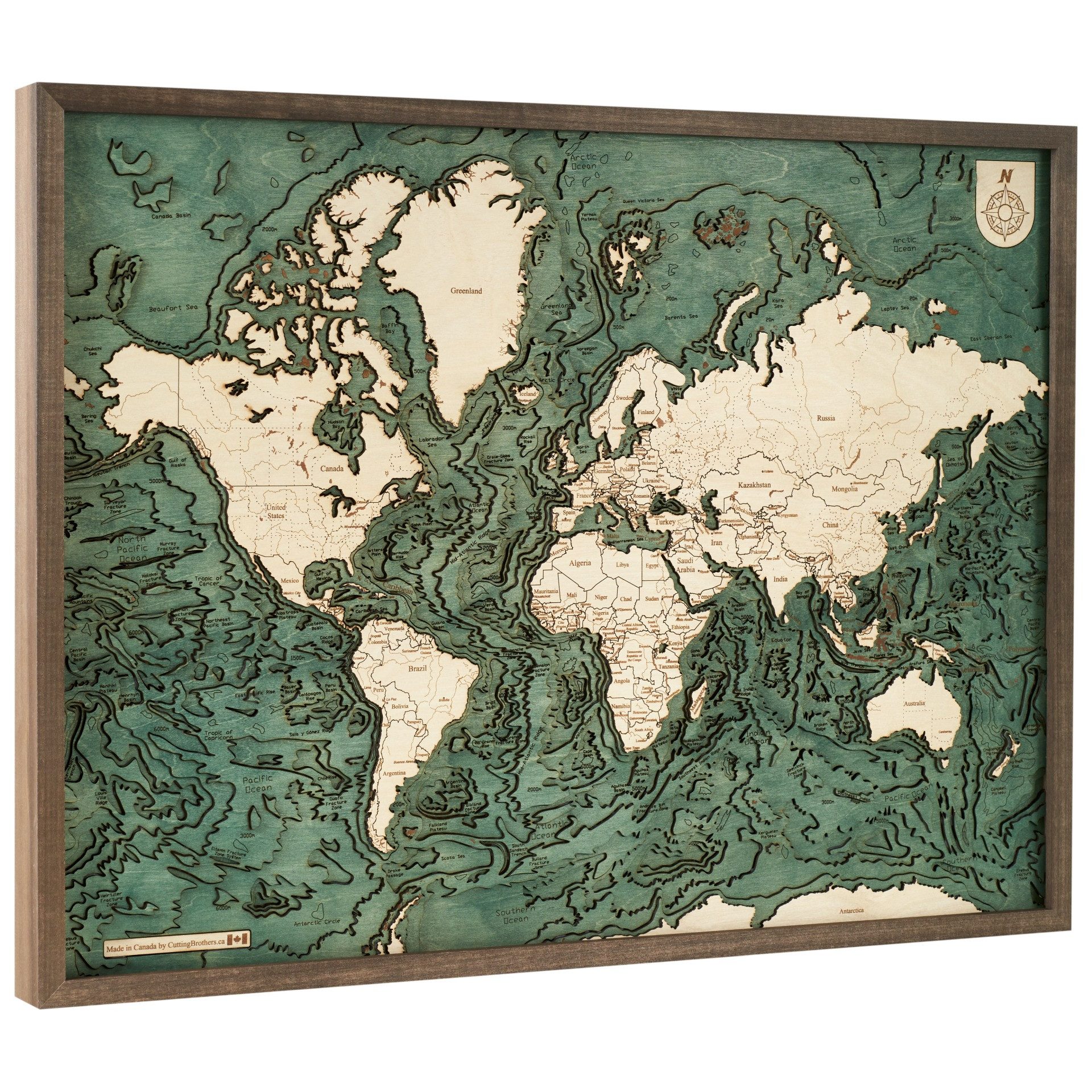 Cutting Brothers Holzbild Weltkarte World map 81x61 cm, 3D Holz-Wandkarte, handgefertigt aus Echtholz