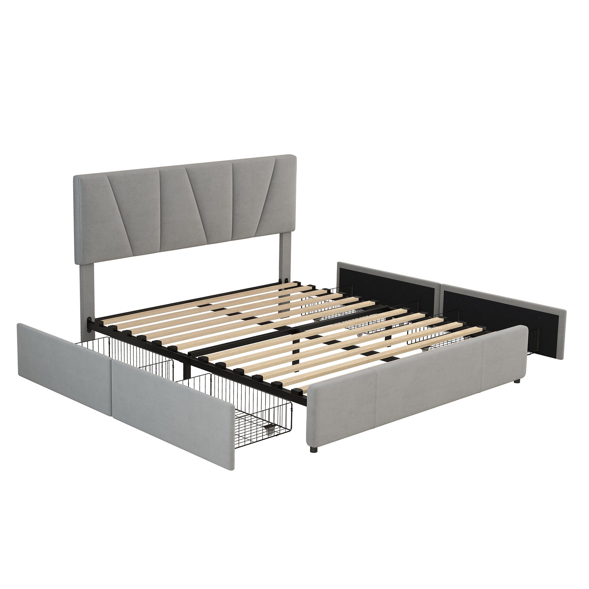 Fangqi 160*200cm Doppelbett mit vier mit Schubladen, Polsterbett gepolstertes bettschubladen grau vier großes