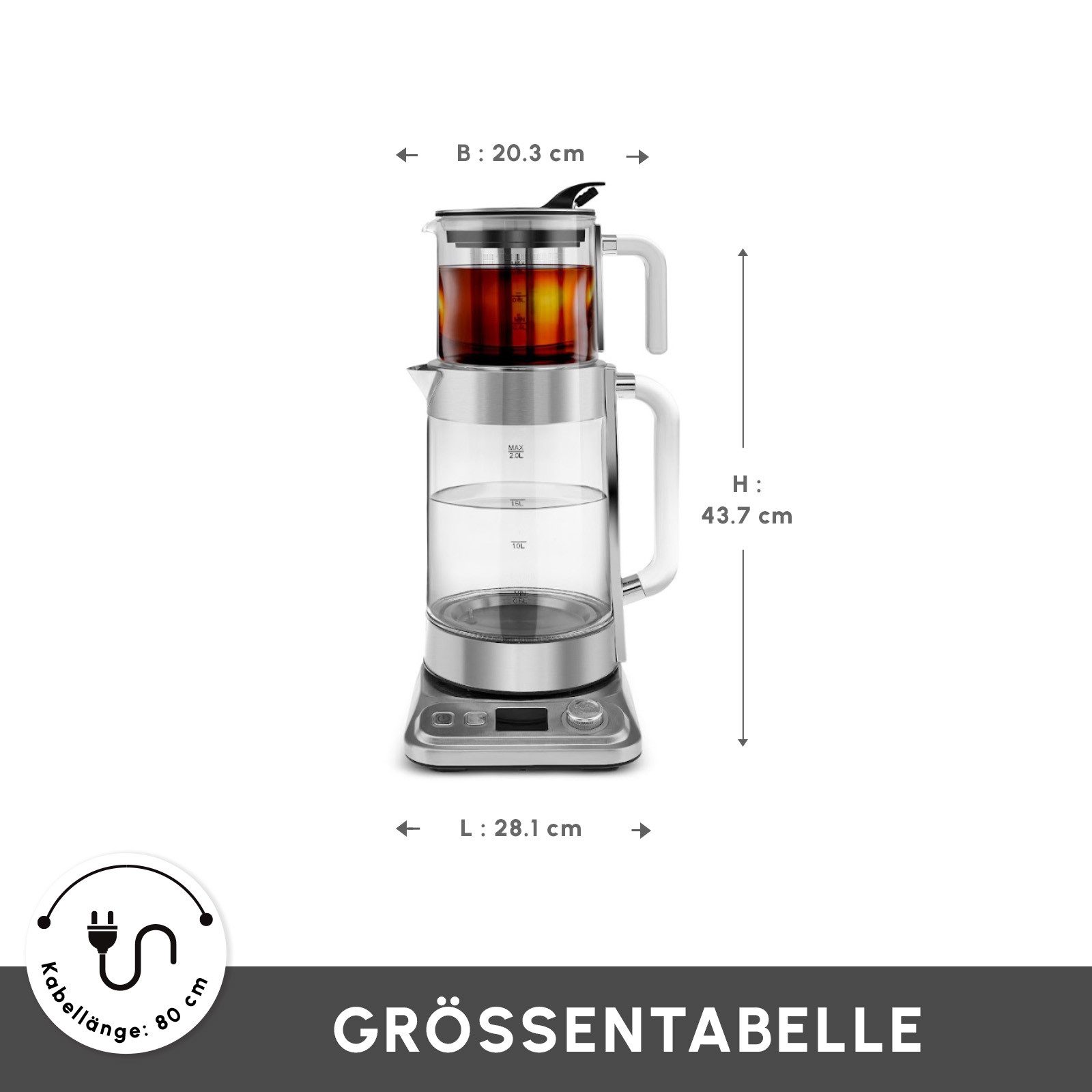 Karaca Wasserkocher Karaca x Refika XL Glas Teezubereiter 2,8L Kapazität, Chrom, 2200 W
