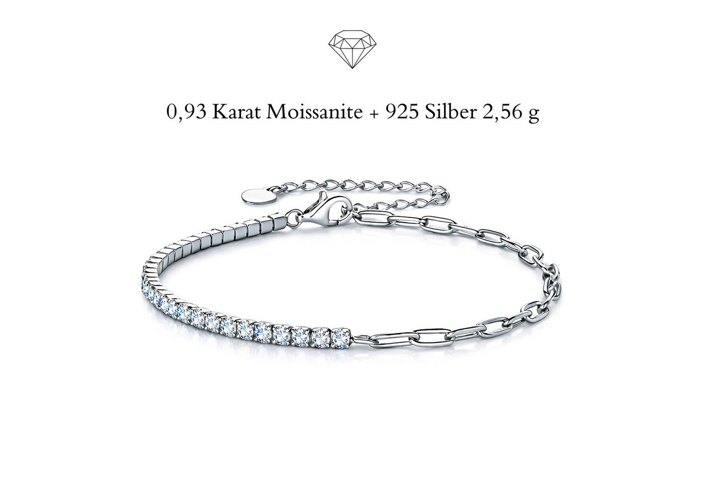 UNIQAL.de Silberarmband Damen 925 Sterling Silber mit Diamant Moissanit 0,93 Karat – VALERIA (Silberarmband mit 31 Moissanit Steinen in …