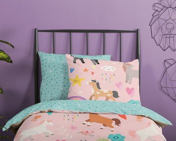 Bettwäsche Pastell Pferde Regenbogen Punkte rosa blau, soma, Baumolle, 2 teilig, Bettbezug Kopfkissenbezug Set kuschelig weich hochwertig