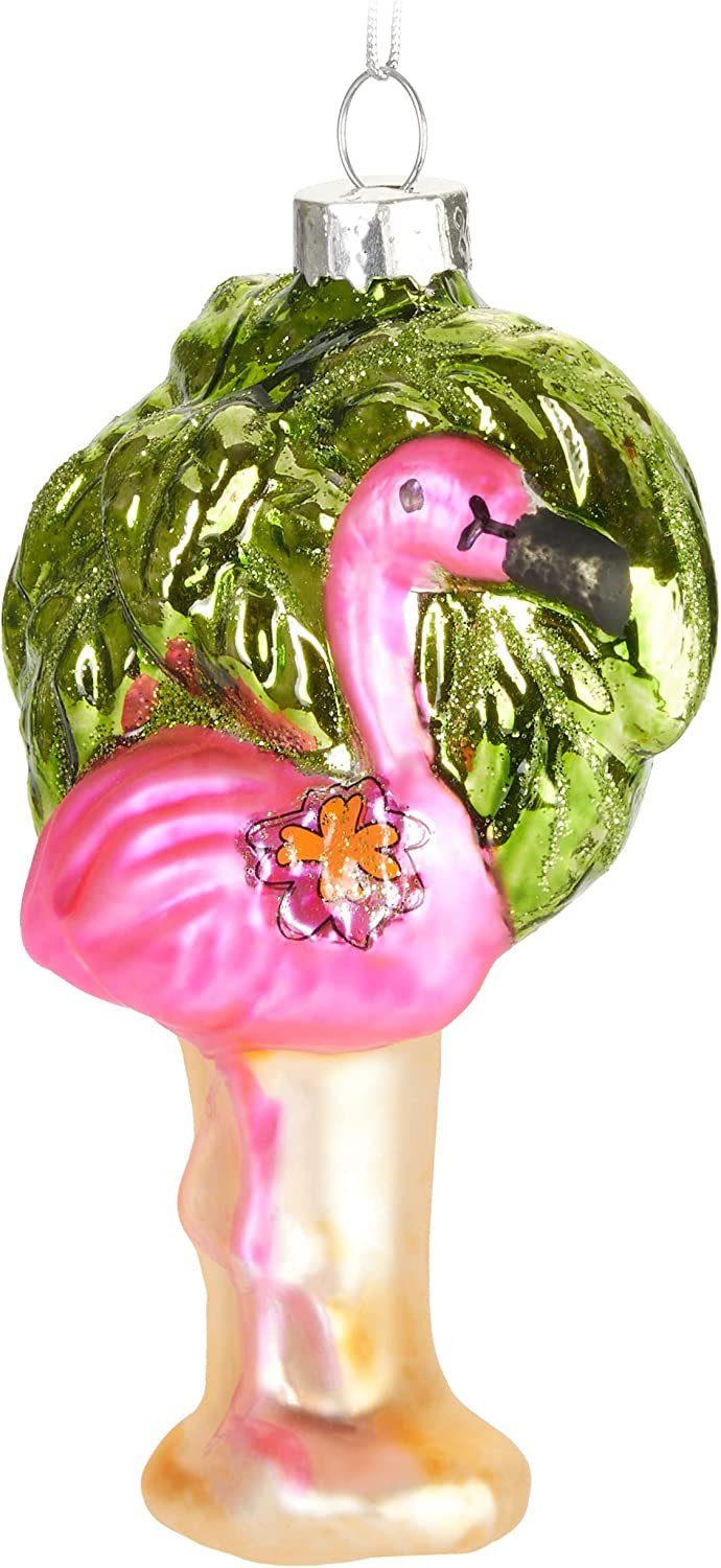 BRUBAKER Christbaumschmuck Flamingo Pink mit Palme Weihnachtskugel, Glas Christbaumschmuck Lustig (1-tlg), Christbaumkugel Figuren Weihnachtsdeko Anhänger