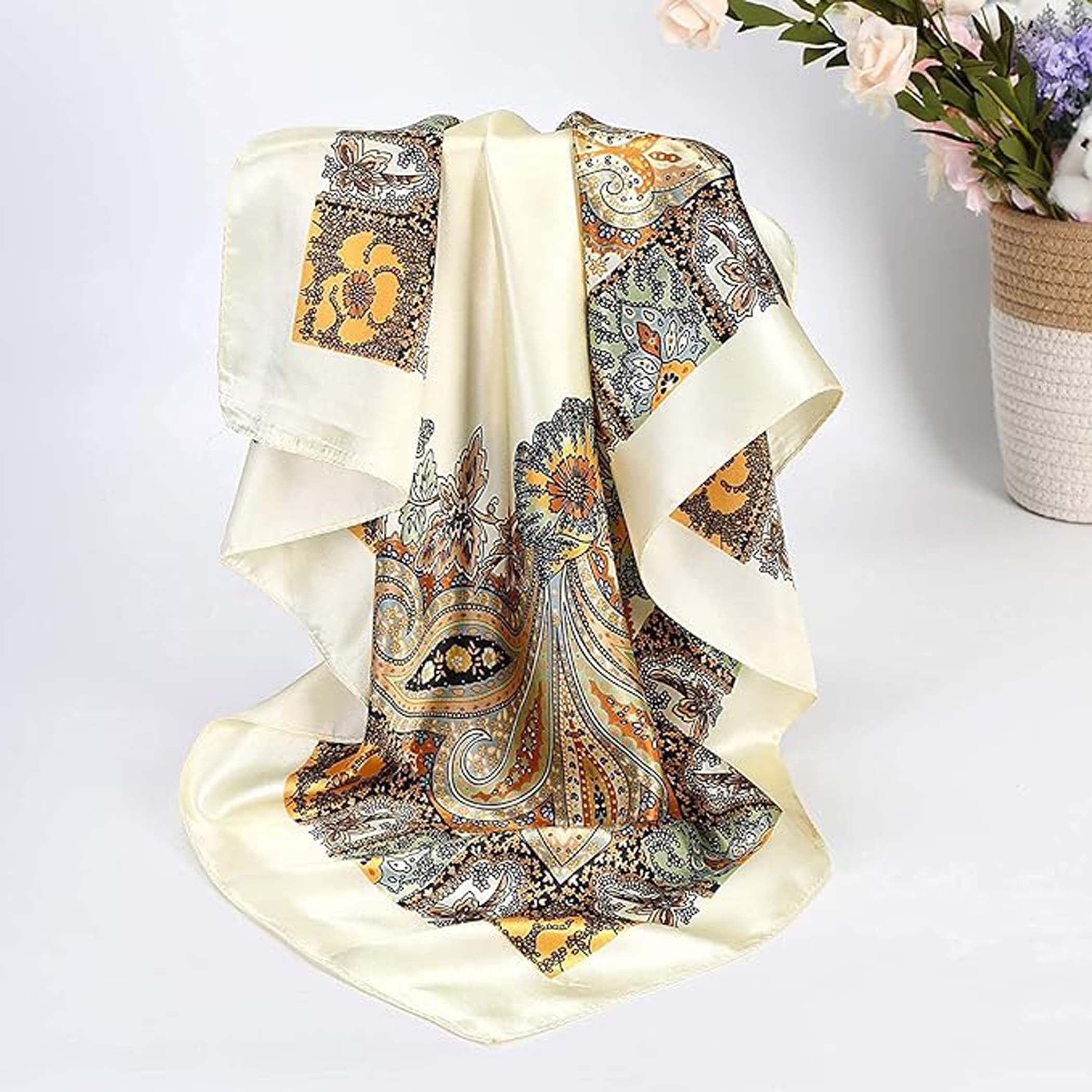 Bwecuy Seidentuch 4er Set Damen Halstücher 90×90 cm, Vintage Print Haar- & Kopftuch