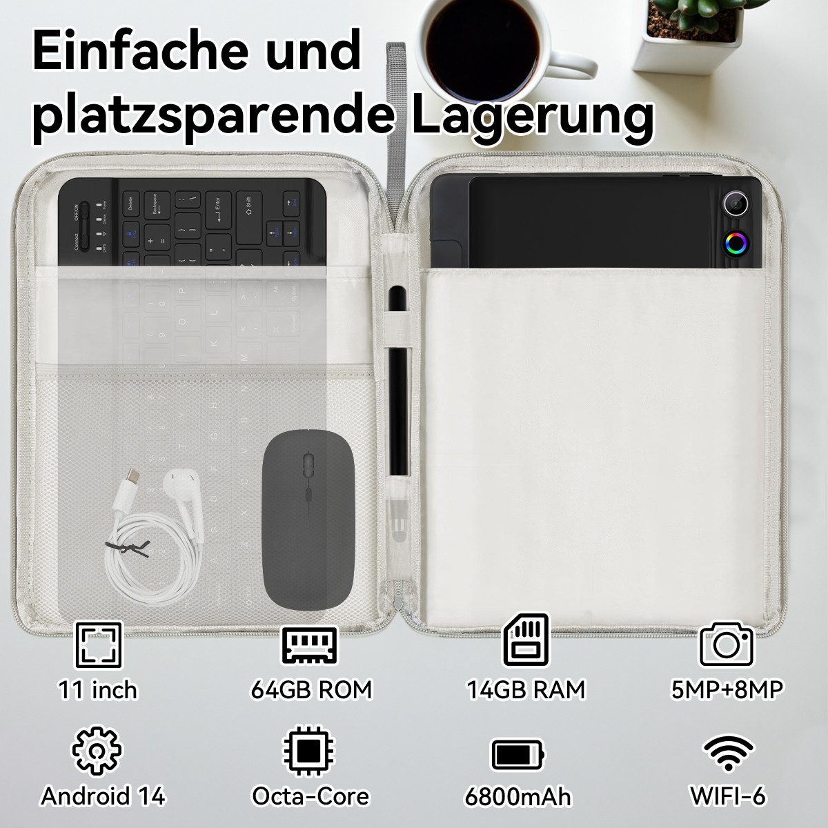 BUFO 11 Zoll Octa-Core 14(3+11)GB RAM+64GB 6800mAh, mit Tastatur Maus Stift Tablet (11", 64 GB, Android, AIC8800D80 802.11 a/b/g/n/ax/ac (WiFi 6) + BT5.3, Android 14, Duale Kamera, HD Display)