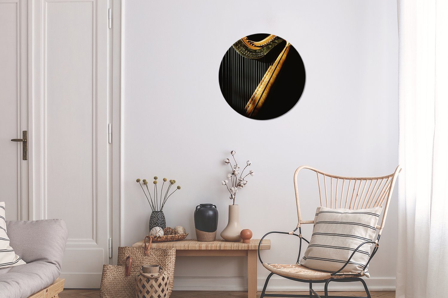 Gemälde Hintergrund, cm St), MuchoWow Wanddekoration Wohnzimmer, auf Rundes Forex, Kreis Harfe schwarzem 30x30 (1 Wandbild,