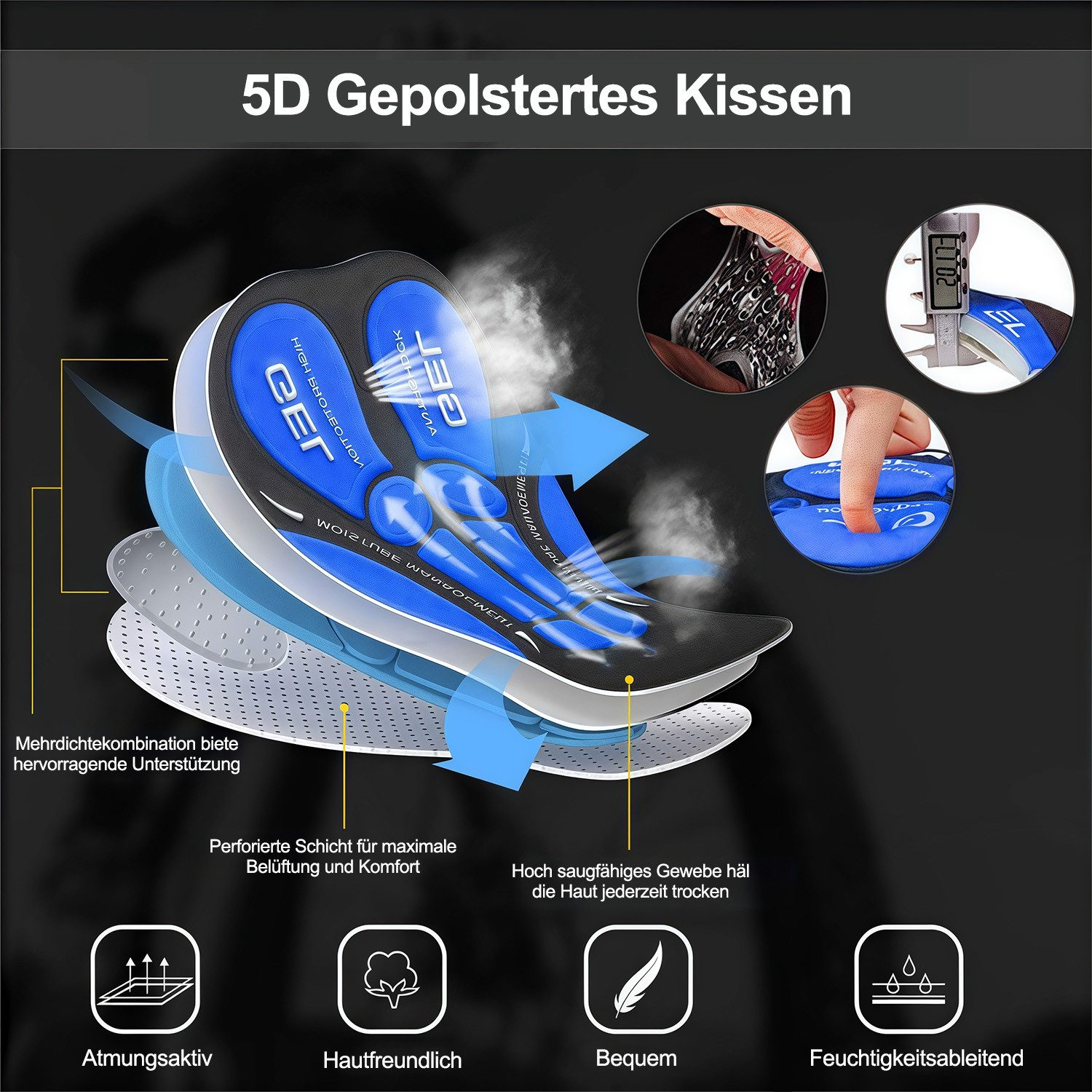 MOPUEA Radlerhose Herren-Radhosen, Herren-Radhosen mit Polsterung (Stoßfest, atmungsaktiv, Schnelltrocknend, elastisch, 1-tlg., Radfahren, Treten, freie Dehnung) Radsportshorts Fahrradhosen mit 5D Gel Sitzpolster