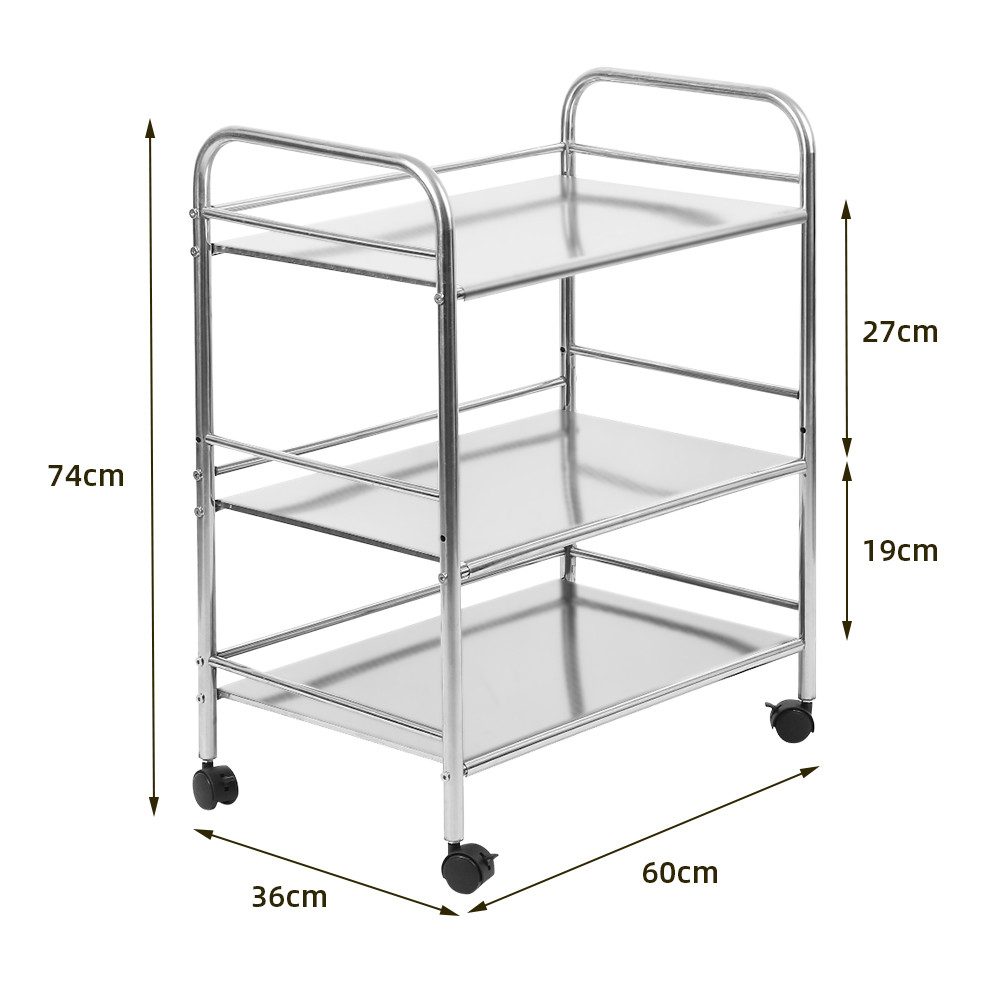 JEOBEST Servierwagen Küchenwagen Edelstahl mit 3 Ablagen Rollwagen 61 x 36 x 75cm, Hotel Servierwagen mit 4 Rädern, Abschließbar Räder, Kapazität 90 kg – Bild 4 von 5