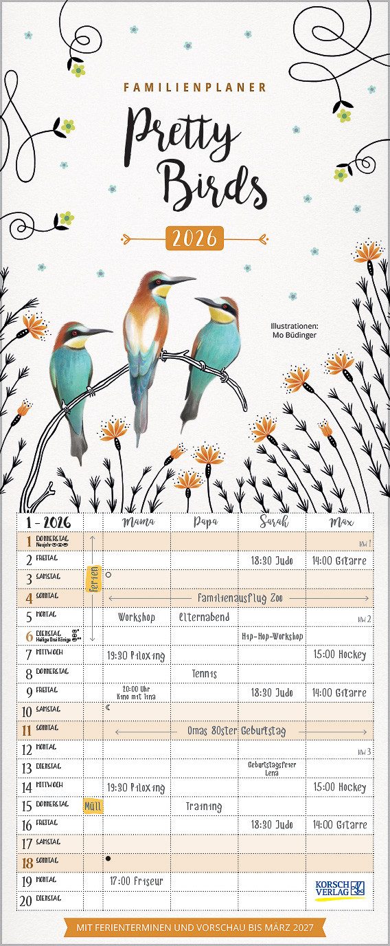 Korsch Verlag Familienkalender Korsch Календари Familienplaner Pretty Birds 2026