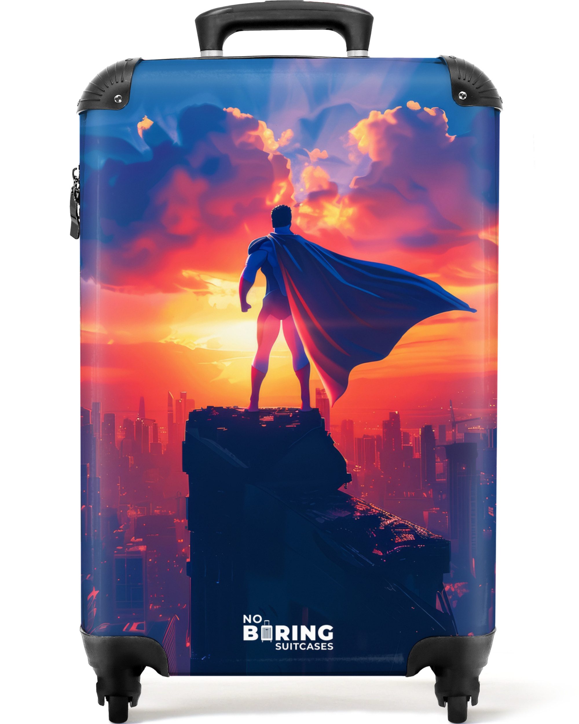 NoBoringSuitcases.com© Kinderkoffer Superheld - Stadt - Sonnenuntergang 55x35x20cm, Reisetasche mit Rollen, Koffer Handgepäck Flugzeug