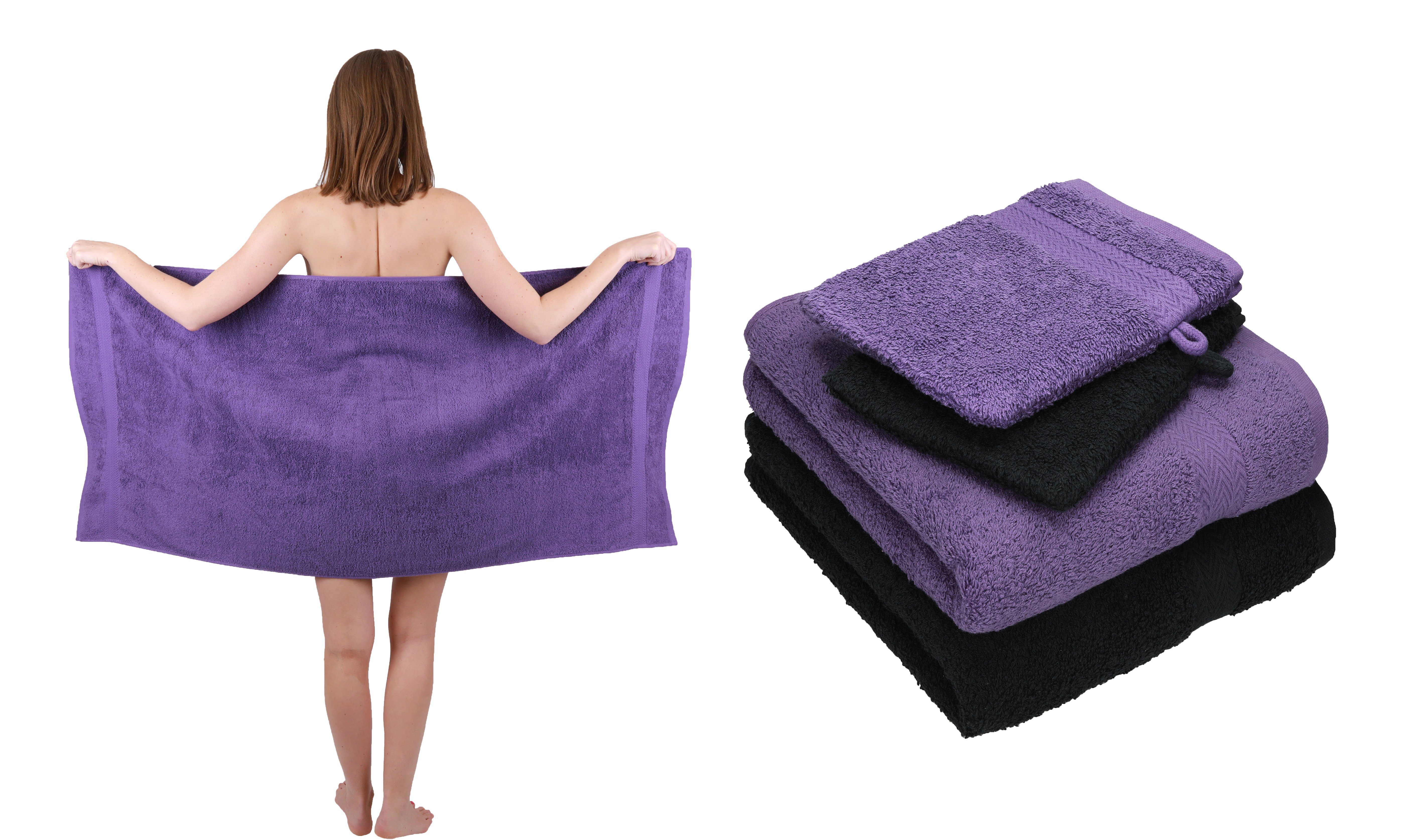 Betz Handtuch Set 5 TLG. Handtuch Set Single Pack 100% Baumwolle 1 Duschtuch 2 Handtücher 2 Waschhandschuhe, 100% Baumwolle lila-schwarz