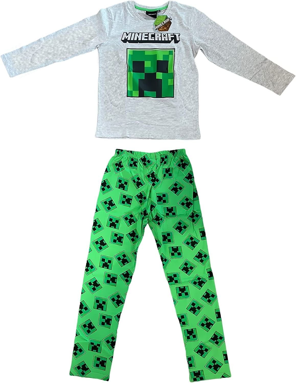 Pyjama Kinder Pyjama Mädchen Jungen Schlafanzug Minecraft Langer Minecraft + hellgrau