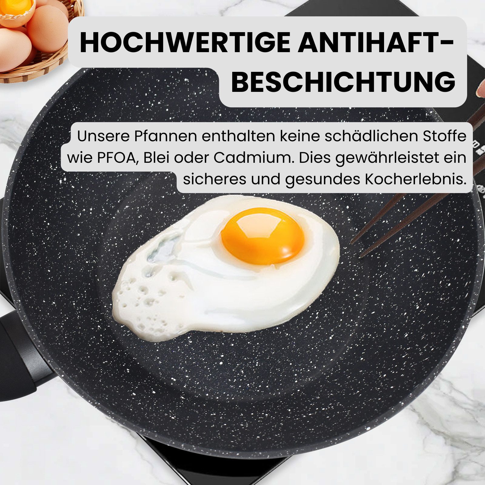Kitchen Pro + Wok Pfanne Induktion, Schmortopf Silikon Griff & Glasdeckel, Aluminiumguss (Blackstone Coating Design), 5,5 l Volumen & 28 cm Durchmesser