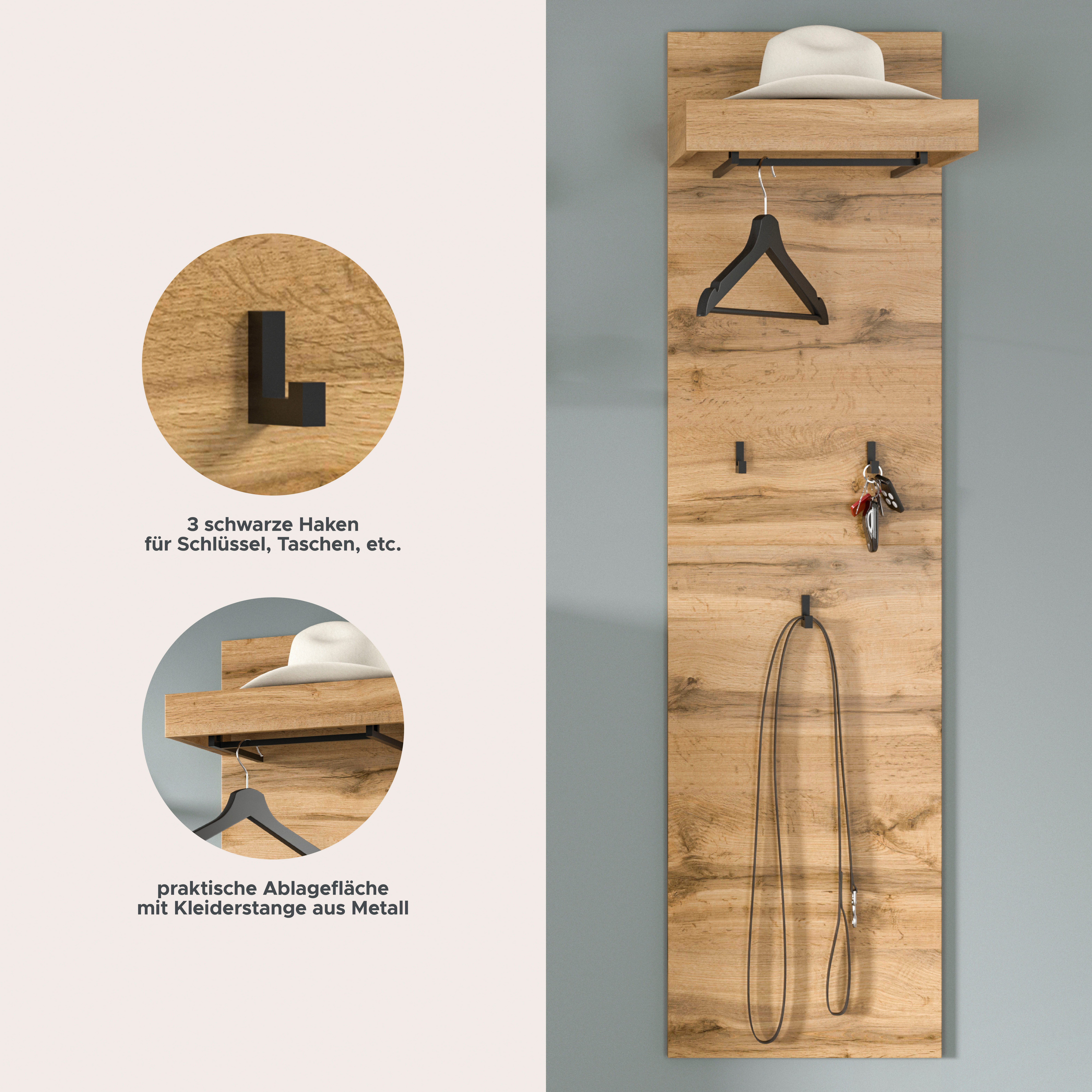 OTTO home Garderobenpaneel MAMBO, TOPSELLER!, Höhe 150cm, 3 Haken, Ablageboden, Garderobenstange (1 St., individuell mit weiteren Artikeln der Serie MAMBO kombinierbar), Paneel, Garderobe, Flur, Diele, Hakenleiste