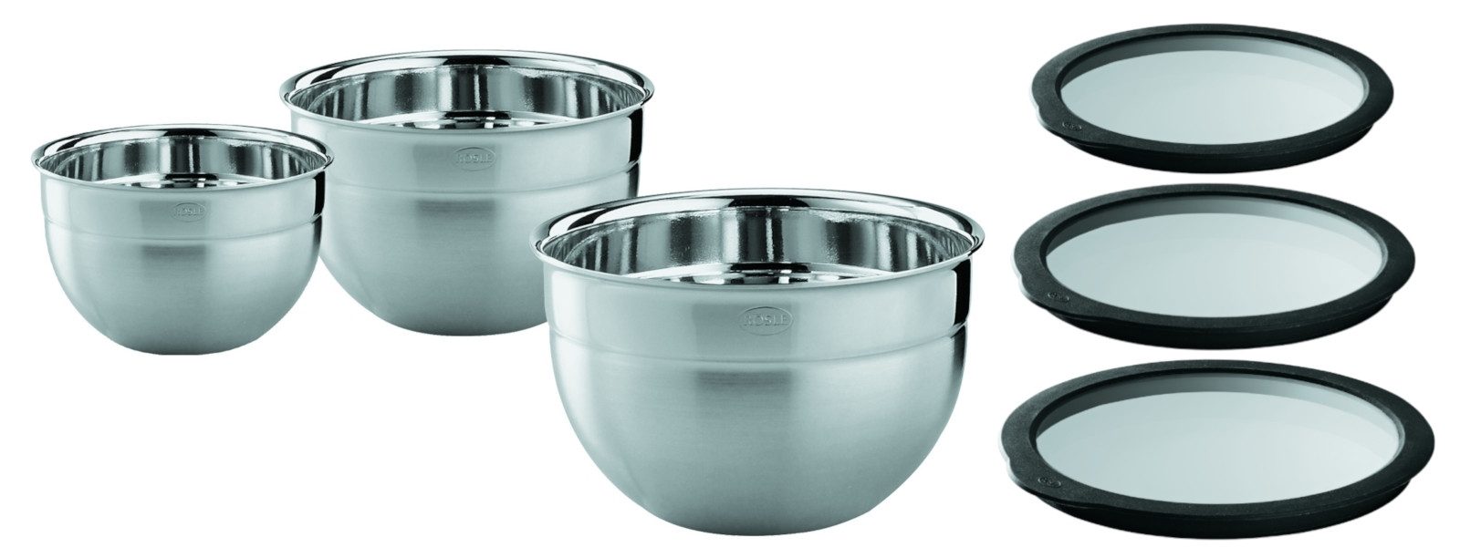 RÖSLE Servierschüssel Schüssel-Set hoch mit Frischhaltedeckeln Ø8/12/16, Edelstahl / Glas / Silikon, (Kräuterduschen mit Wiegemesser)