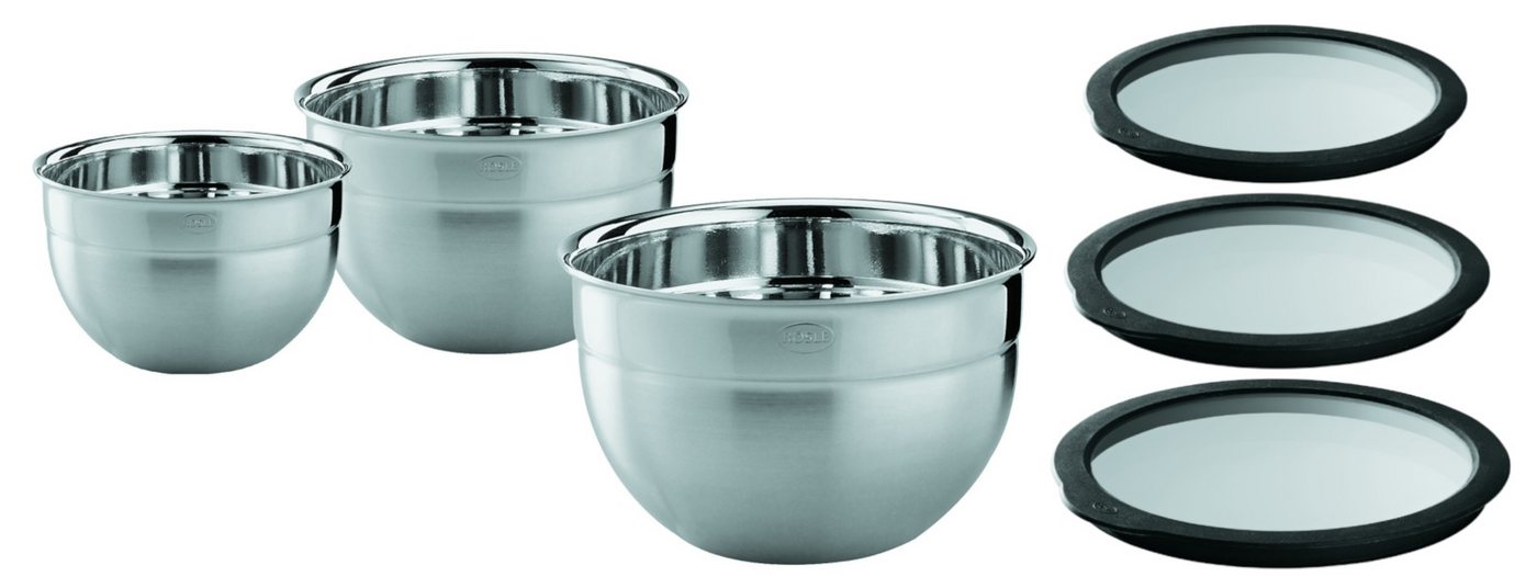 RÖSLE Servierschüssel Schüssel-Set hoch mit Frischhaltedeckeln Ø8/12/16, Edelstahl / Glas / Silikon, (Kräuterduschen mit Wiegemesser)