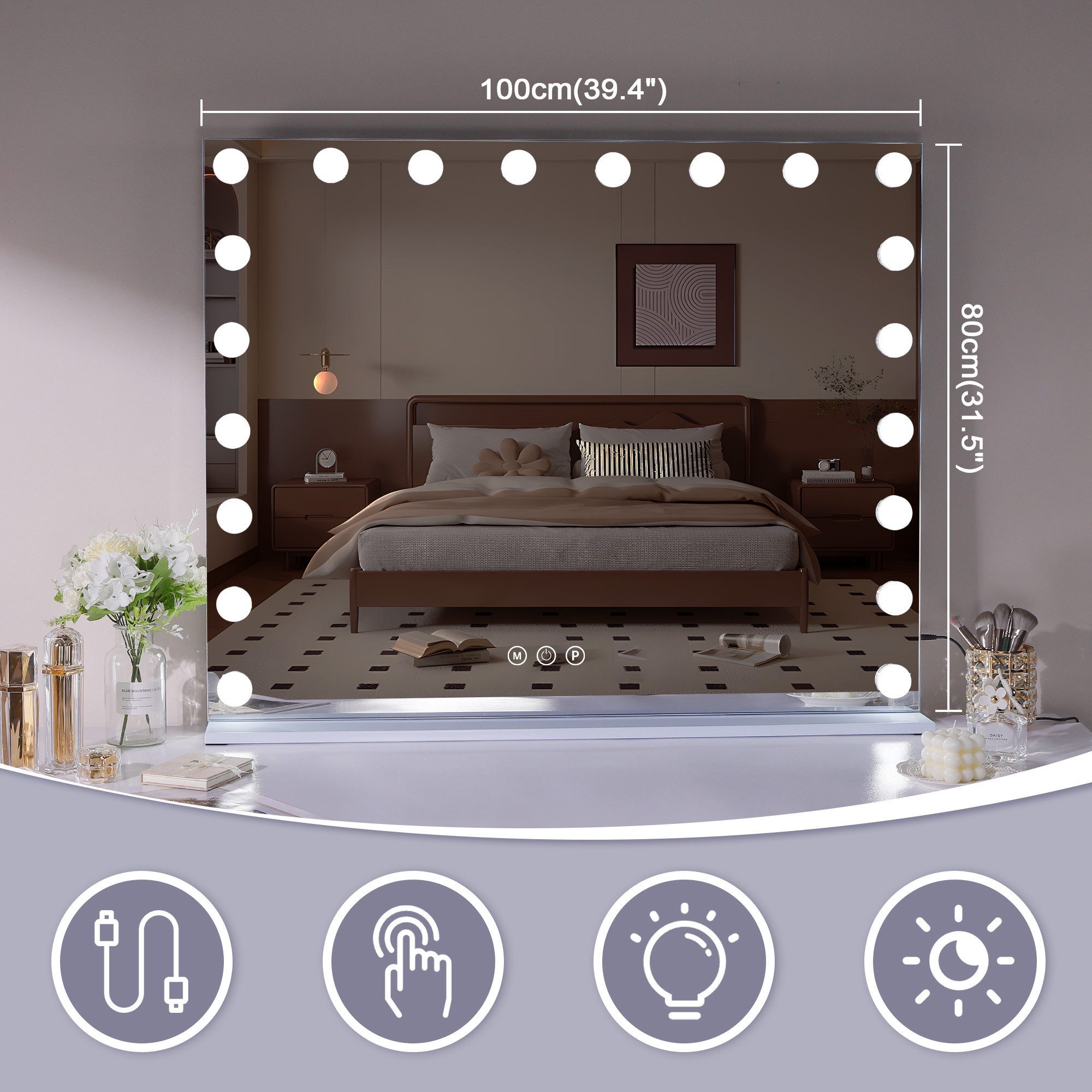 FENCHILIN Kosmetikspiegel mit LED-Beleuchtung, Hollywood-Schminktischspiegel, 100 x 80 cm (1-St), 10-fache Vergrößerung, 3 Lichtmodi, USB-Ladeanschluss