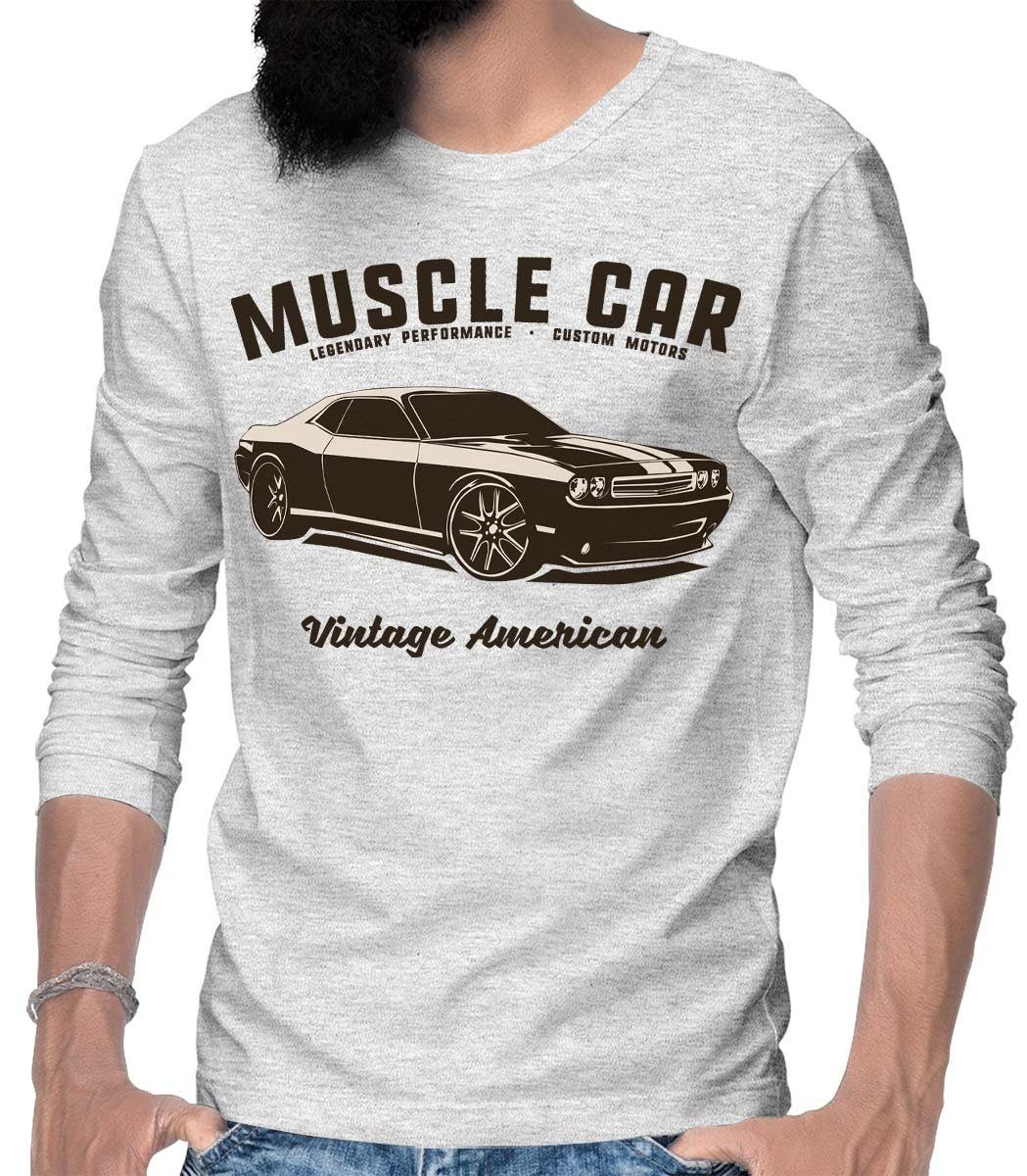 Rebel On Wheels Longsleeve Herren Langarm T-Shirt Challenger Muscle Car mit Auto / US-Car Motiv Grau Melange