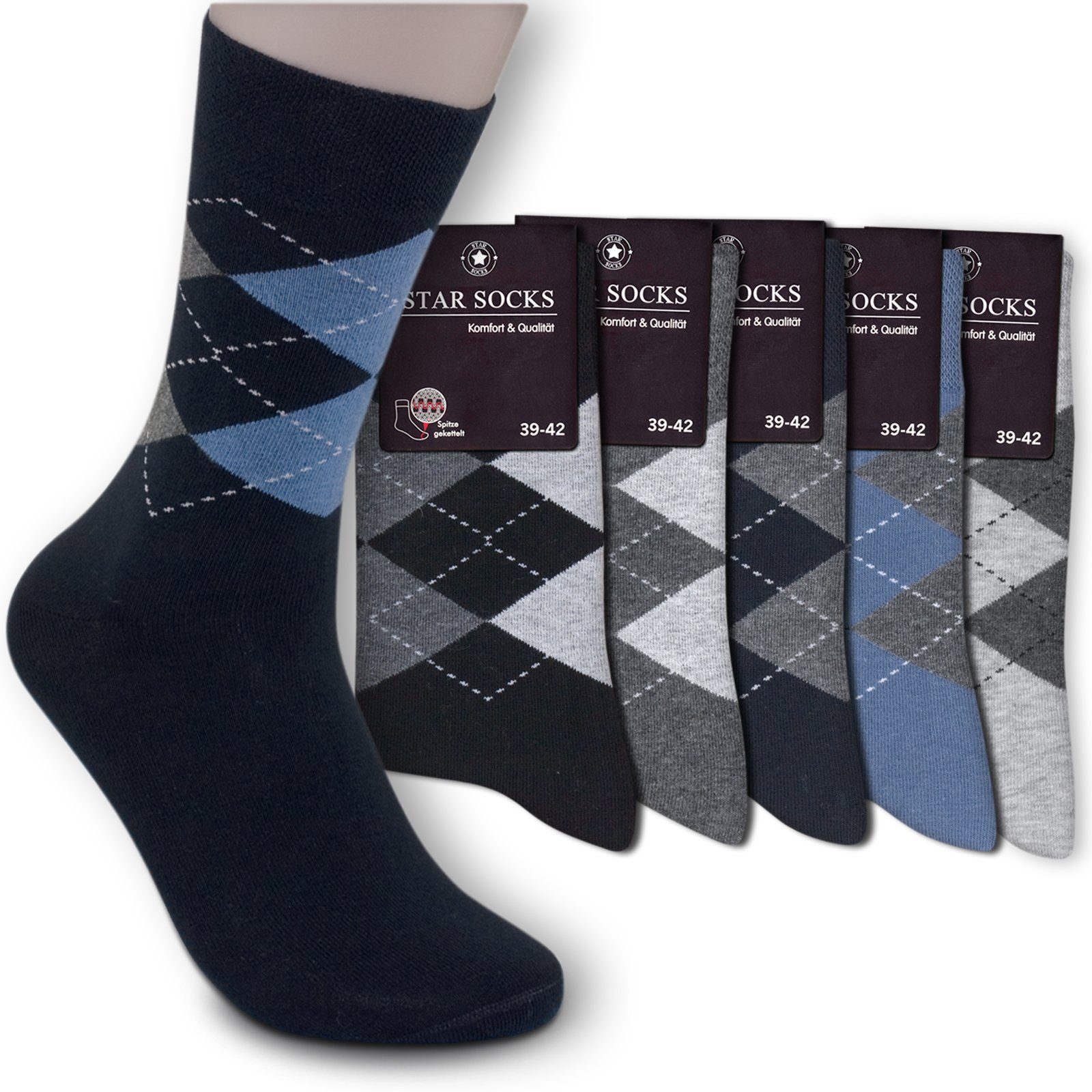 Die Sockenbude Freizeitsocken JACQUARD (Bund, 5-Paar, schwarz grau blau) mit Komfortbund ohne Gummi | Kompressionsstrümpfe