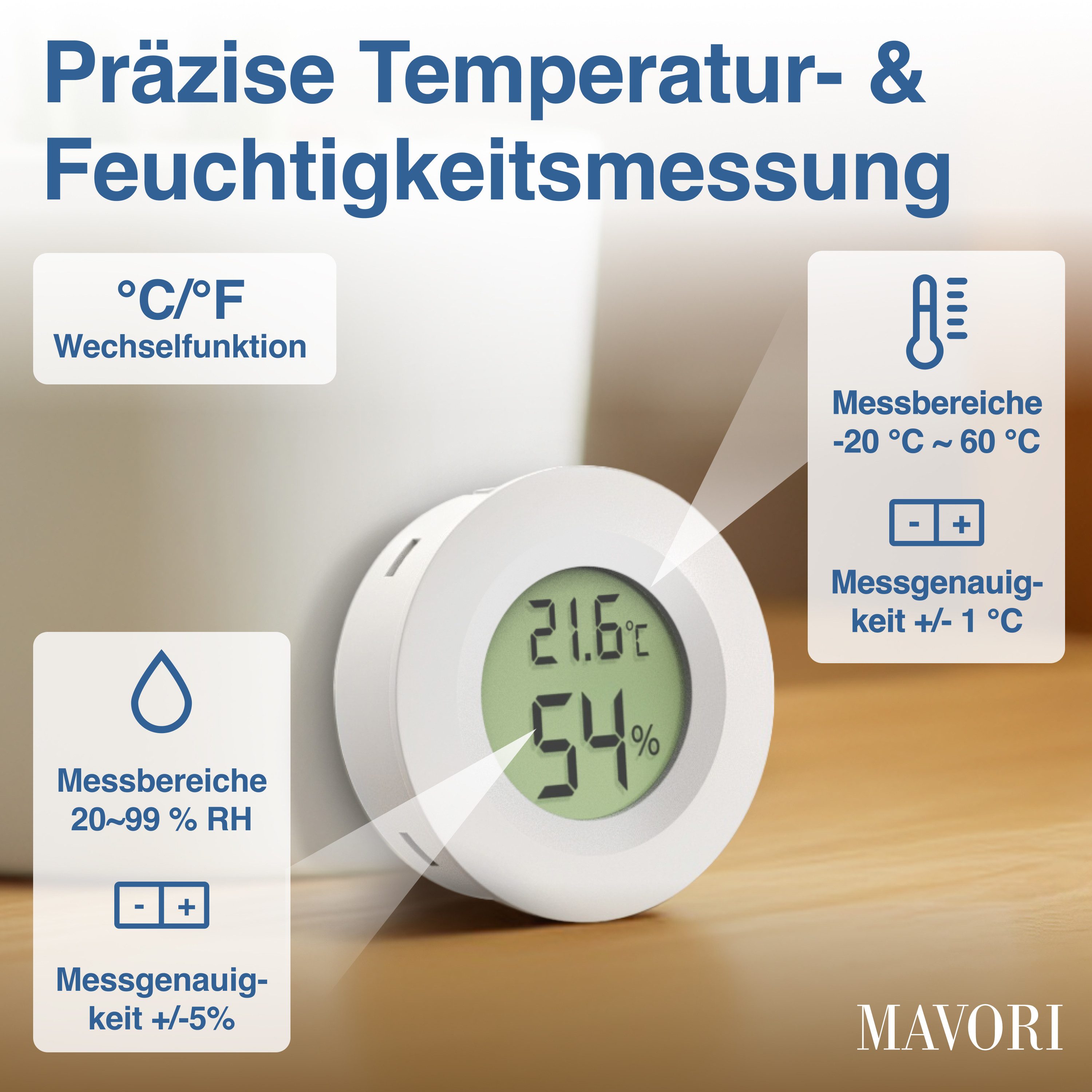 MAVORI Raumthermometer digitaler Hygrometer mit Thermometer für innen, 3er & 6er Set, 2-tlg., Temperatur & Luftfeuchtigkeit mit sehr präzisen Messwerten