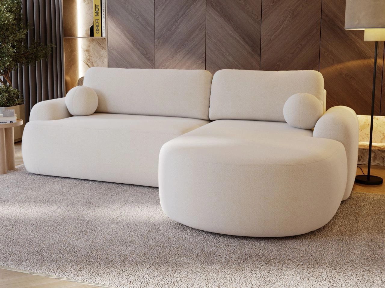 GrainGold Ecksofa L-Form AURIO mit Schlaffunktion und Bettkasten - Weiß, Rechts, Wellenfedern, T30-Schaum