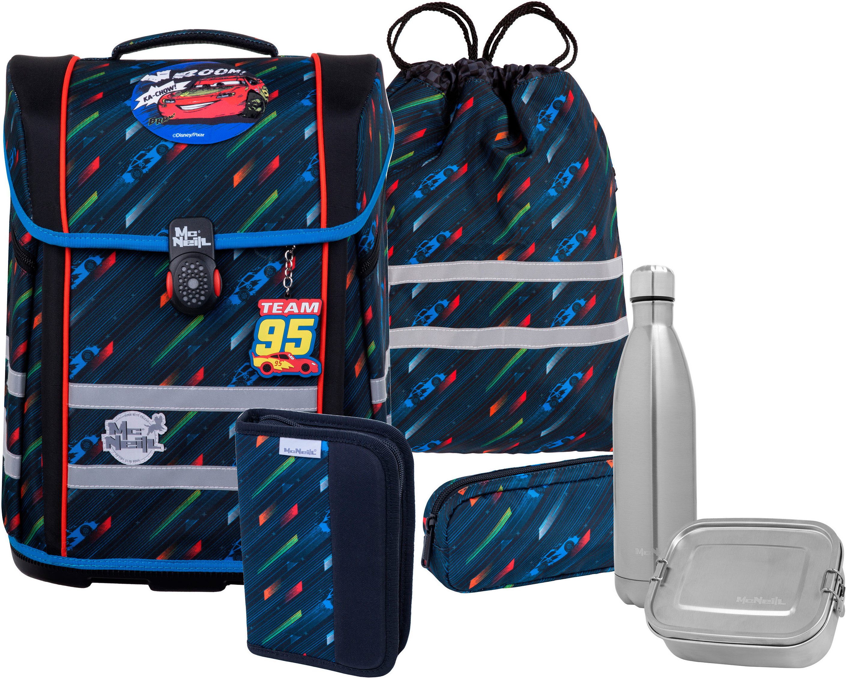 McNeill Ранцы Perfecto, Cars (Set, 5-tlg), inkl. Federmäppchen, Turnbeutel, Schlamperrolle & Motivmagnet
