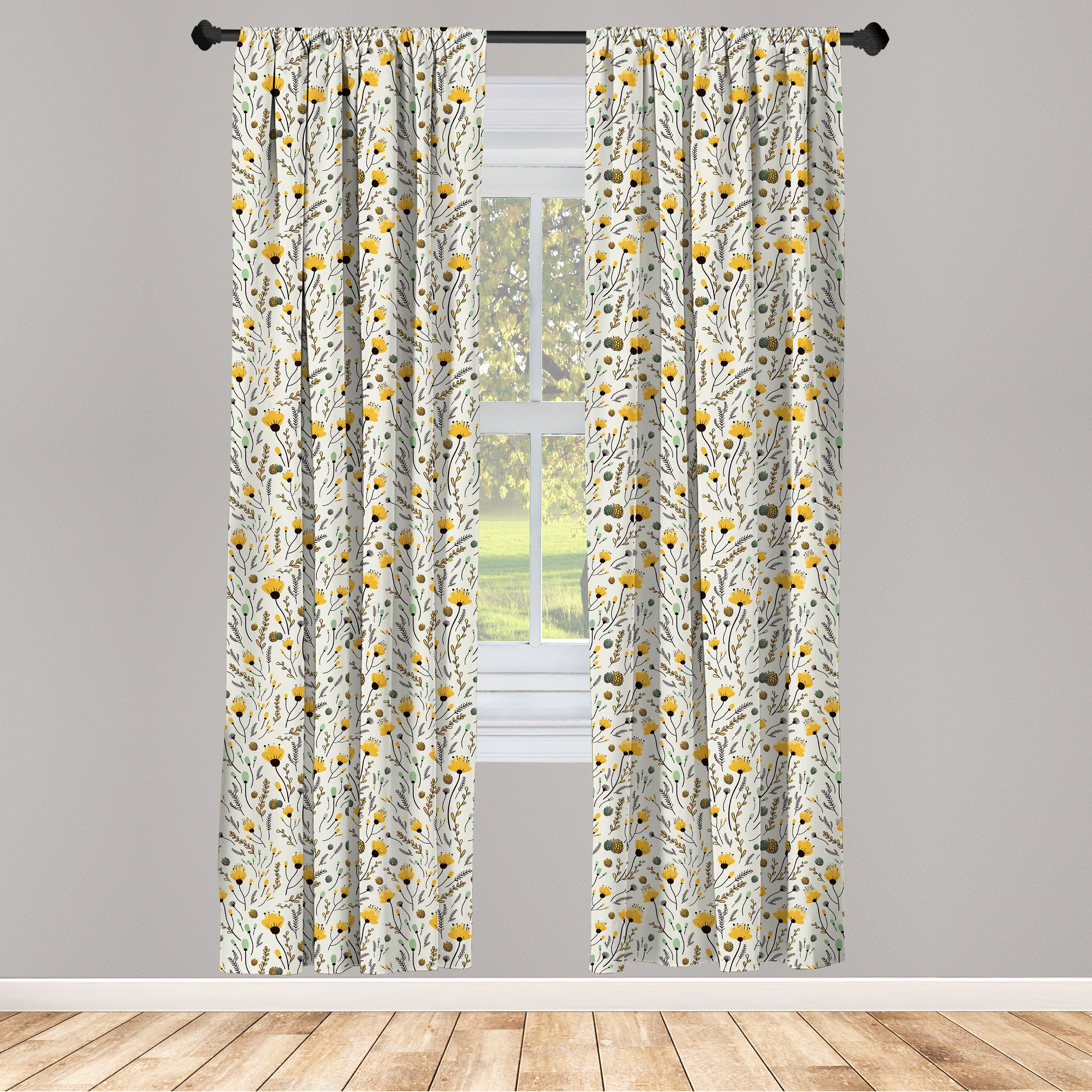 Wohnzimmer Dekor, Gekritzel Frühlingsblumen für Microfaser, Abakuhaus, Schlafzimmer Gelbe Gardine Vorhang
