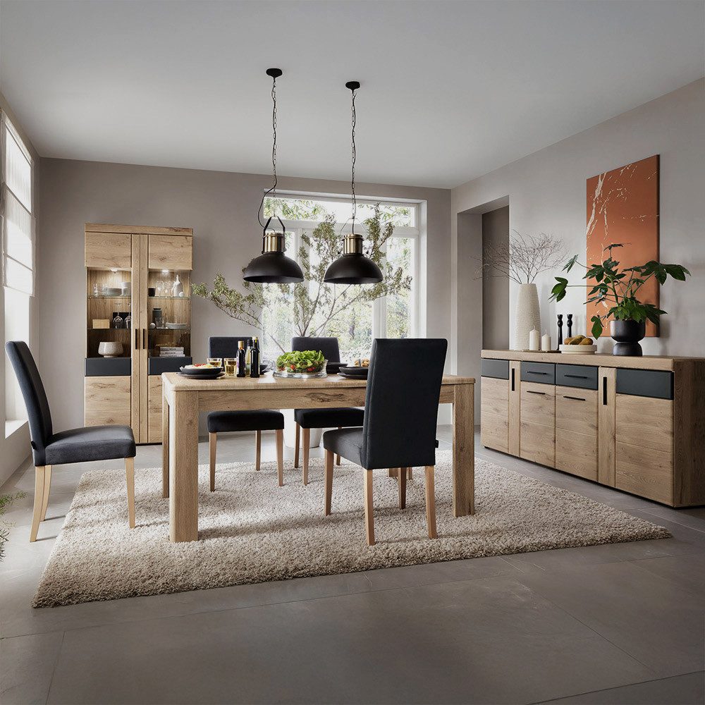 Lomadox Esszimmer-Set GRAHAM-129, (Spar-Set, 3-St., Vitrinenschrank Esstisch), Eiche Dekor mit Grau Softclose inkl. Beleuchtung Tisch ausziehbar
