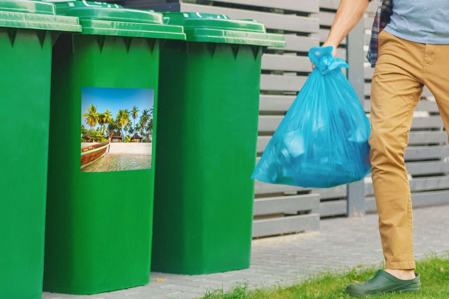 Abfalbehälter Mülleimer-aufkleber, - St), (1 Wandsticker Container, MuchoWow Mülltonne, Kajak - Sticker, Strand Sommer