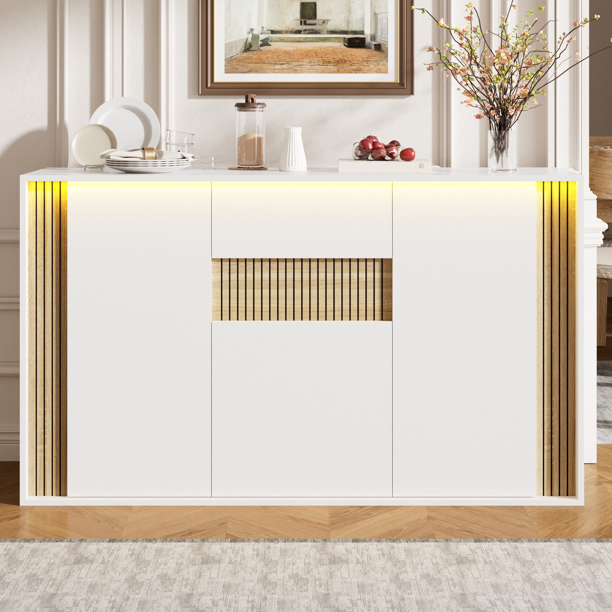 Flieks Kommode mit verstellbarer LED-Beleuchtung, 1 Schublade und 3 Türen (140×40×82 cm, 1 St), Sideboard Mehrzweckschrank Multifunktionsschrank Holzoptik&Weiß
