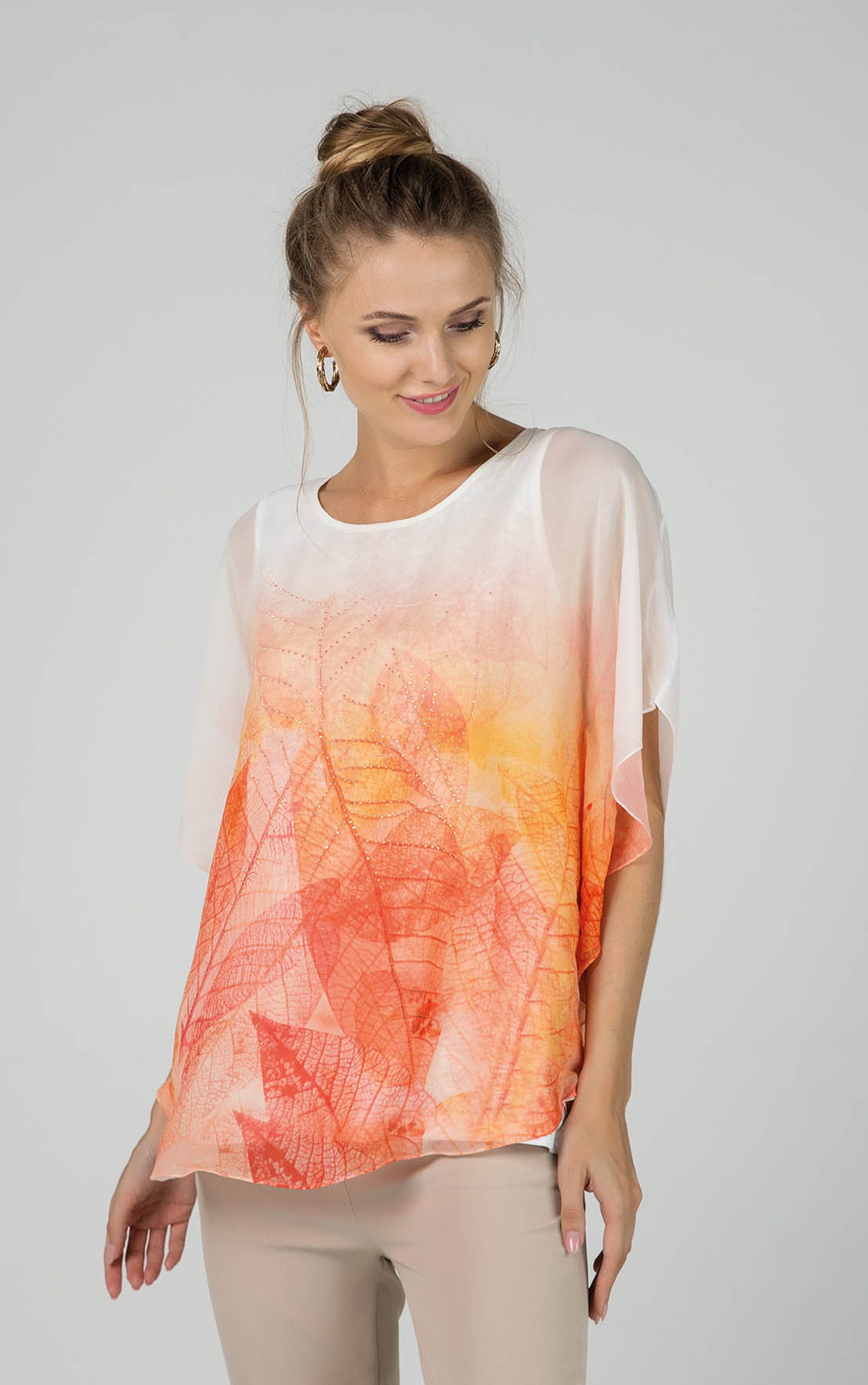 Passioni Chiffontunika Leichte Tunika mit Blätterprint Chiffonbluse mit Top