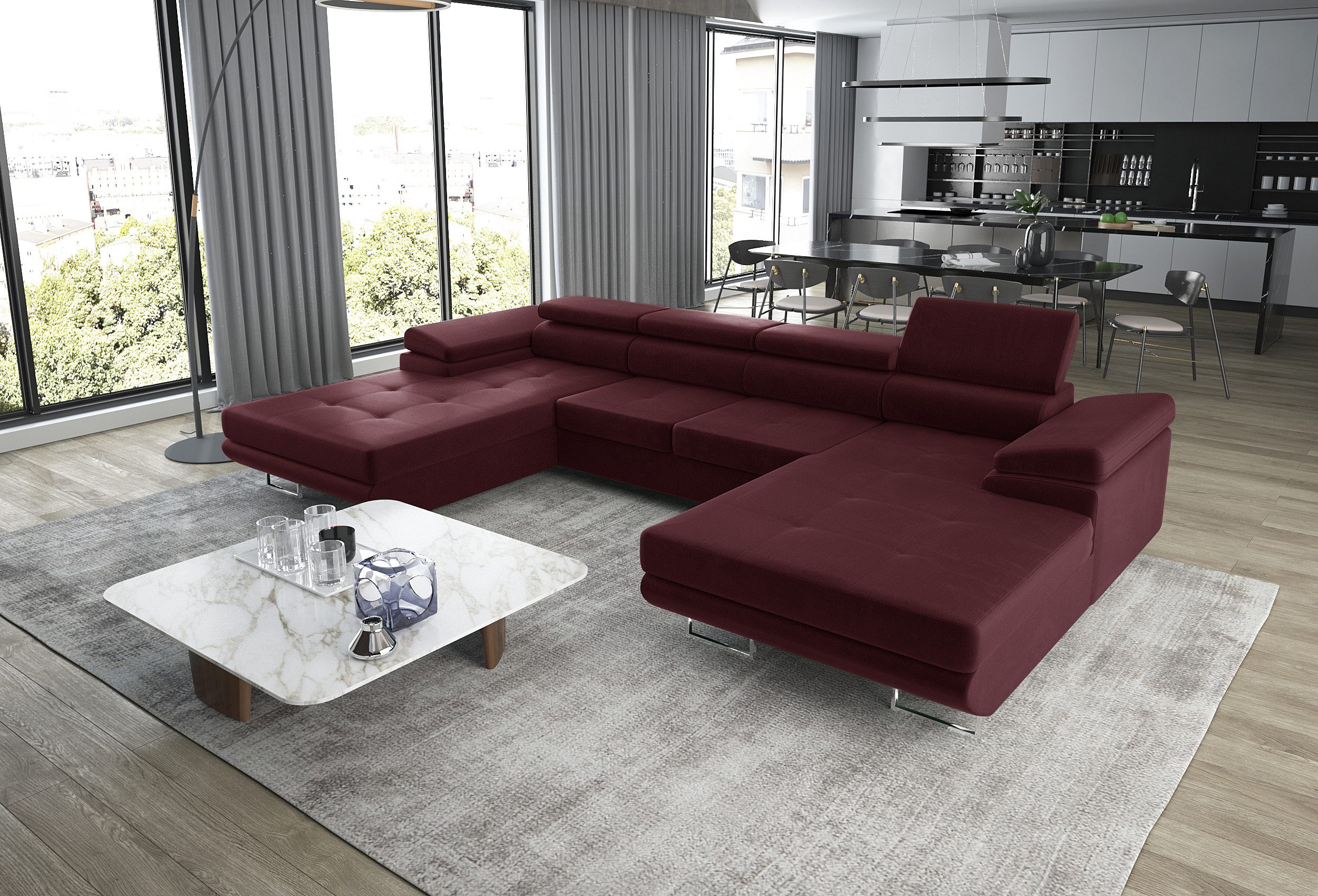 thematys Ecksofa ALVARO U 355 x 162cm mit Schlaffunktion & Bettkasten –, U-Sofa mit verstellbaren Kopfstützen, Samt (Monolotith), oder Cord (Poso) - U-Form, XL-Wohnlandschaft, 355 cm breit