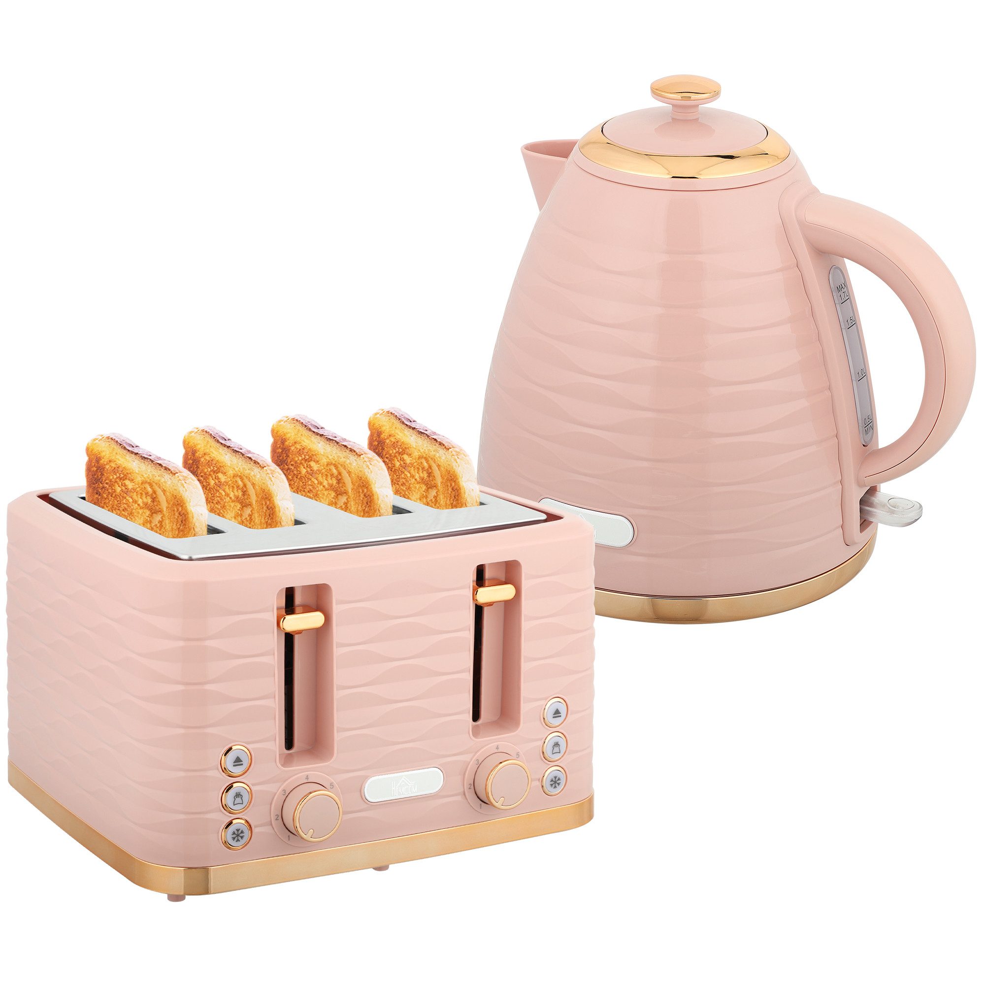 HOMCOM Toaster Frühstück-Set mit 1,7L Wasserkocher, 4 Scheiben Toaster, Kocher-Toaster-Set, für Frühstückszubereitung, 2200 W, Auftauen, Aufwärmen und Krümelfach, Otter Thermostat, Rosa