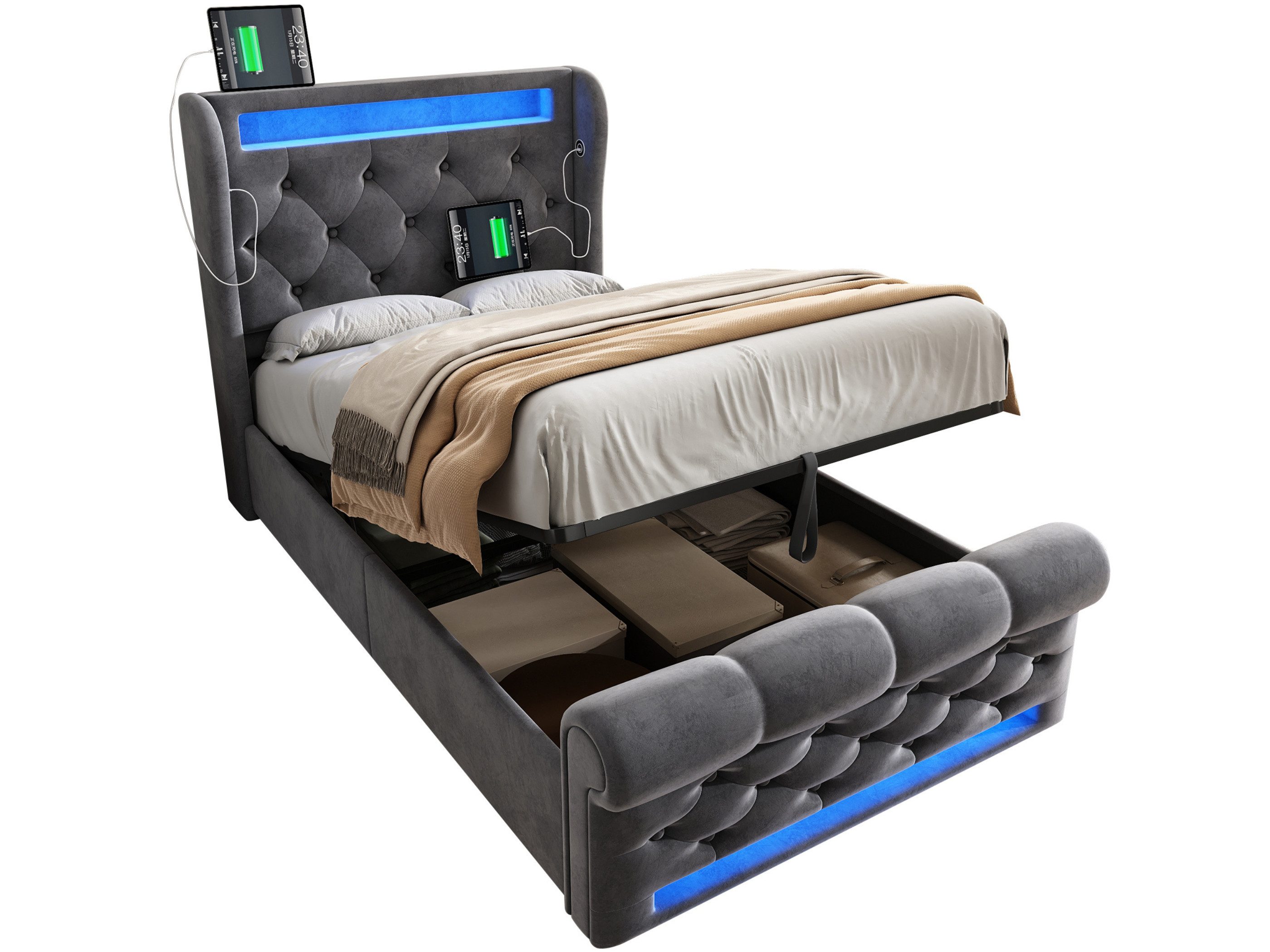 SeedWave Polsterbett Samt LED Hydraulisches Bett mit USB/Type-C Anschluss,90/140/160×200cm, Stauraumbett mit einstellbaren Lichtfarben