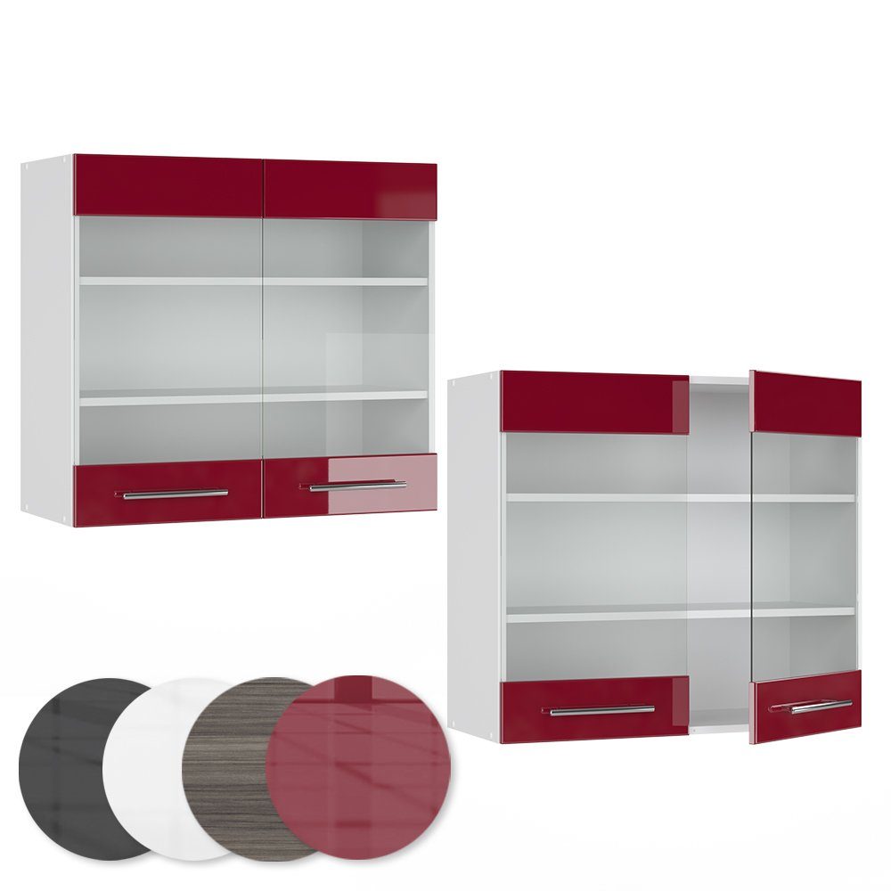 Hängeschrank Glashängeschrank Weiß Fame-Line Hochglanz Vicco Küche Bordeaux Weiß Rot 80 cm